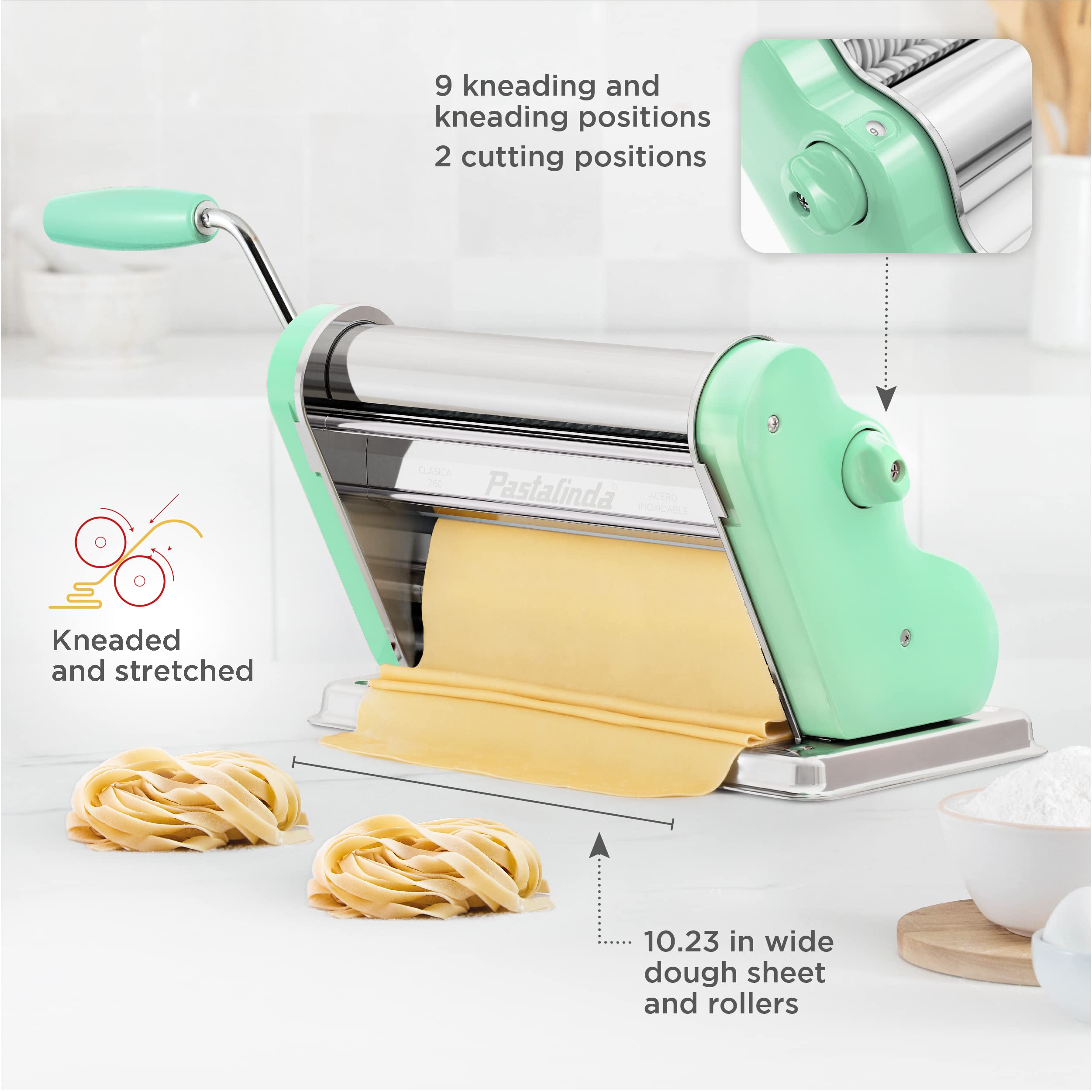 Pastalinda Classic 260 Pasta Maker Machine, 26 Cm Wide Rollers, 9 Thickness Positions, 2 Cutting Positions, Stainless Steel. Inc