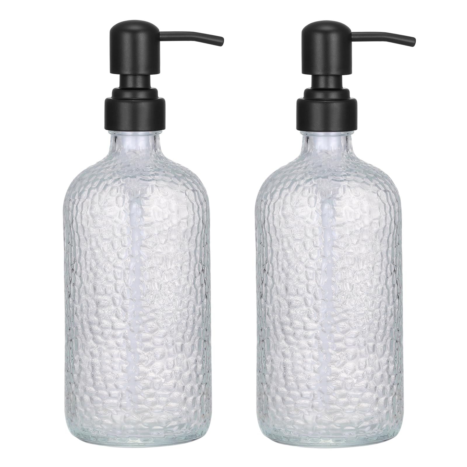 2-Pack Dimpled Finish Clear Glass Soap Dispensers With Matte Black Stainless Steel Pumps, 16 Oz Refillable Bottles For Kitchen &