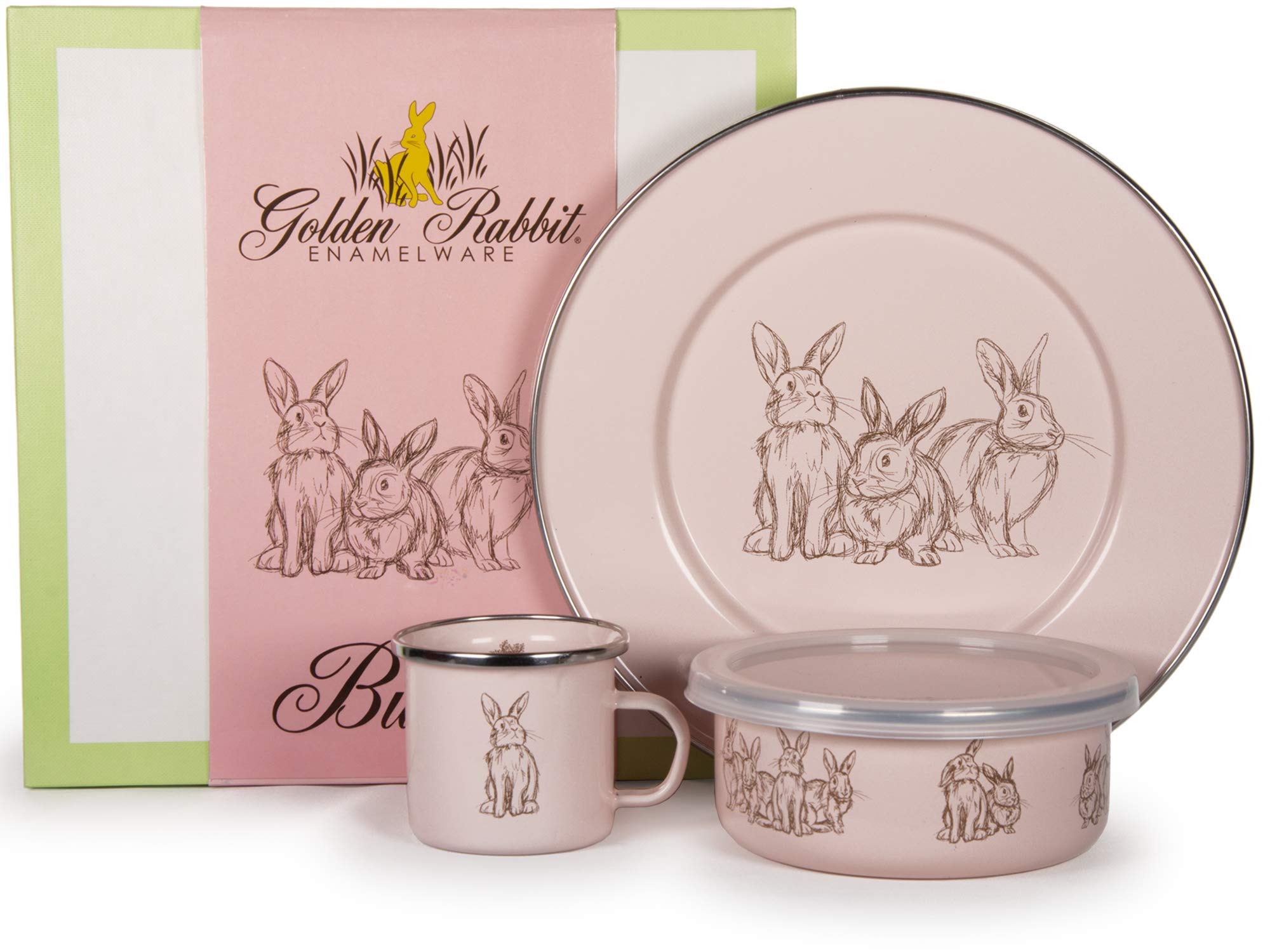 Golden Rabbit Enamelware - 3-piece Child Dinner Set (Pink Bunnies)