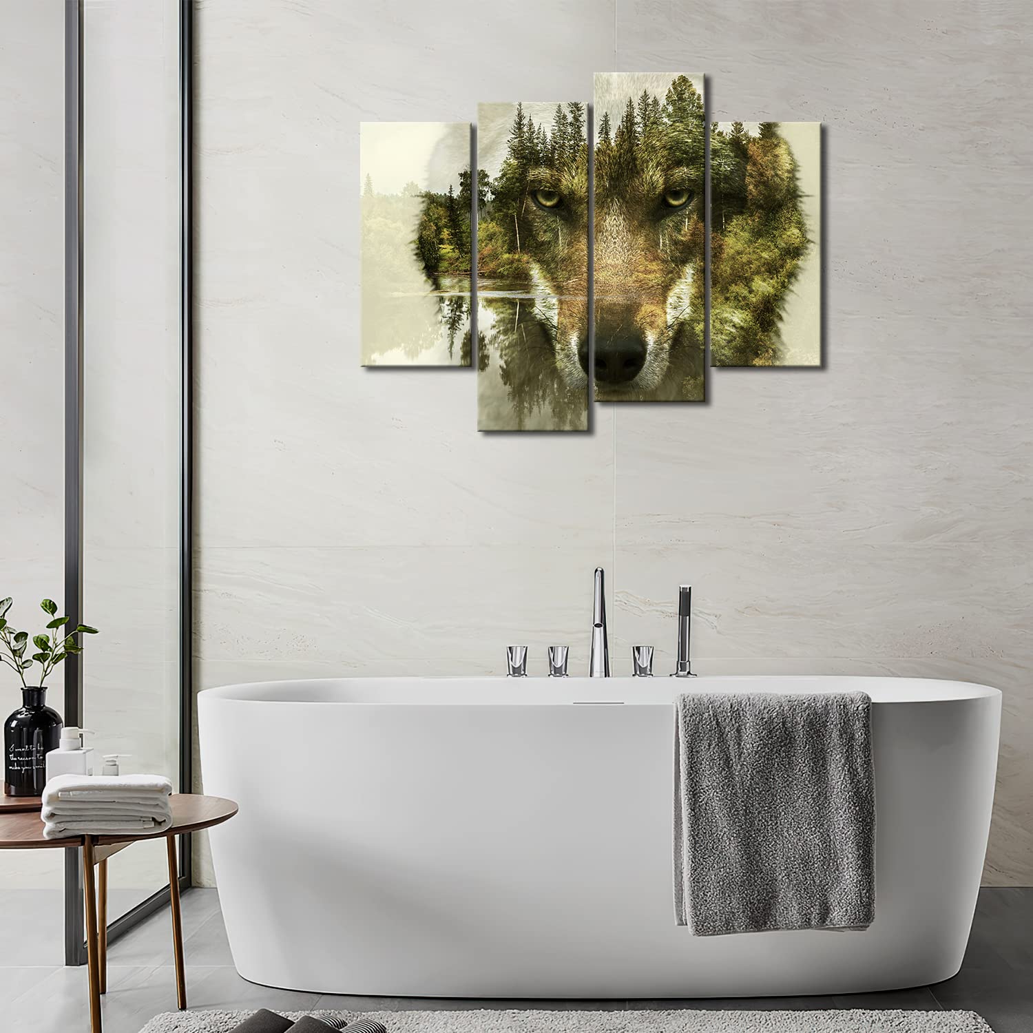 Wolf 4 Pieces Modern Canvas Painting Wall Art The Picture for Home Decoration Wolf Pine Trees Forest Water Wolf Animal Print On Canvas Giclee Artwork for Wall Decor