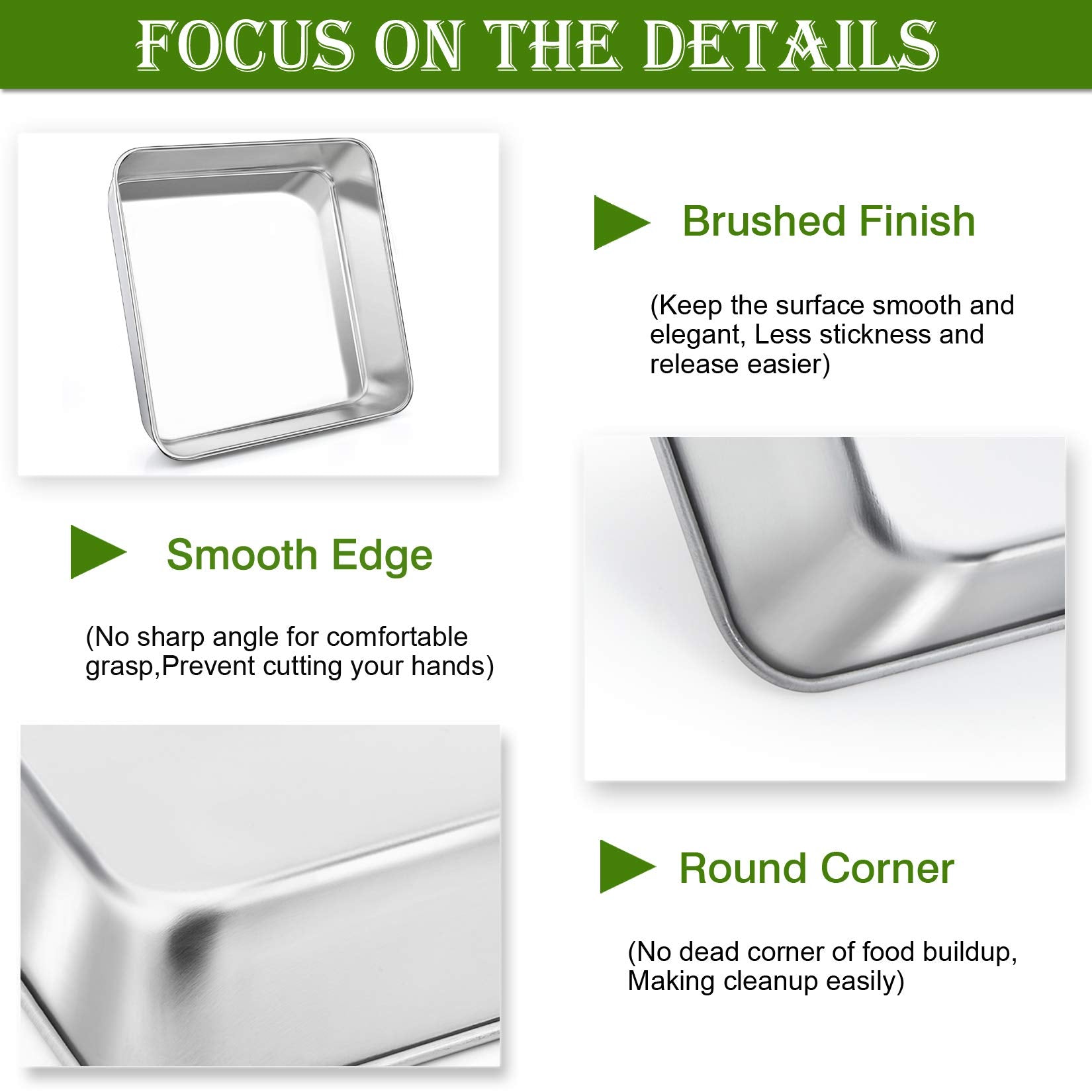 P&P Chef 8 Inch Square Cake Pan Set Of 3, Stainless Steel Deep Baking Pans Lasagna Bread Brownie Pans, One-Piece Construction &