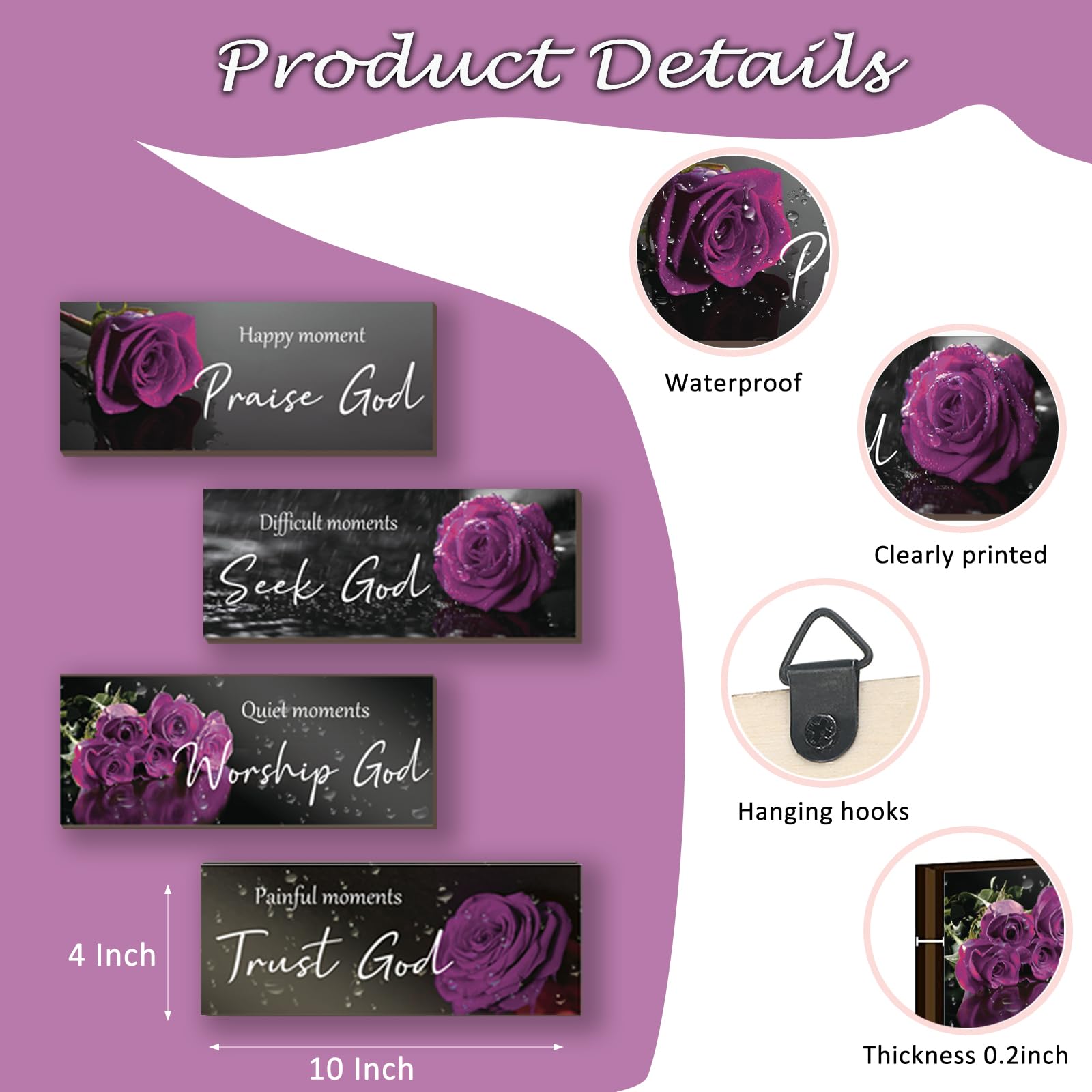 ONIZHITY 4pcs Purple Bathroom Decor Religious Wall Art Bible Verse Inspirational Rose Wall Decor Rustic Wooden Christian Sign fo
