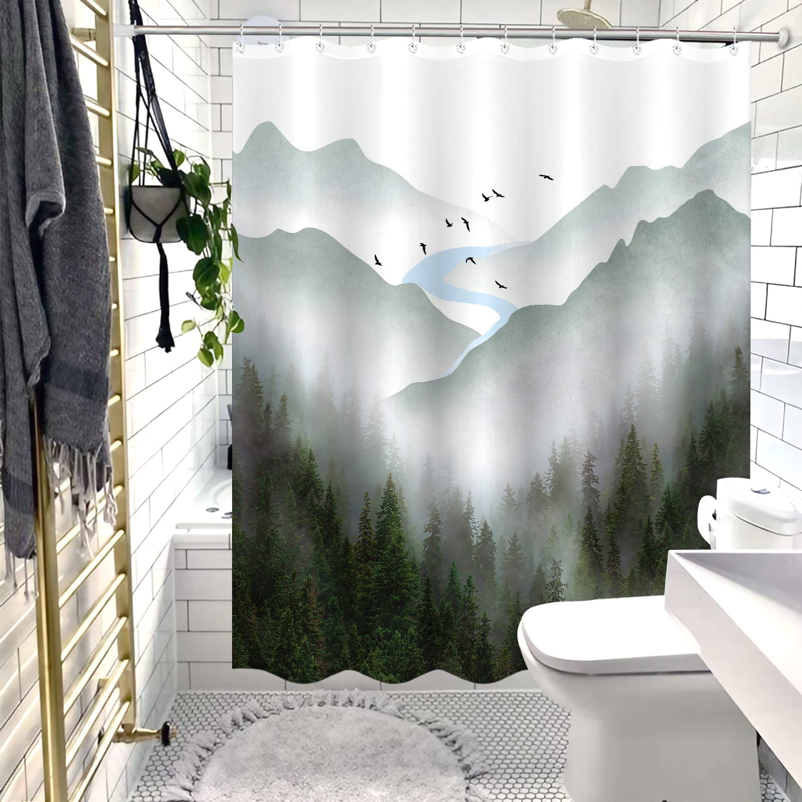 Zussun Green Misty Forest Shower Curtain Nature Foggy Tree Mountain Shower Curtains For Bathroom Waterproof Fabric Woodland Deco