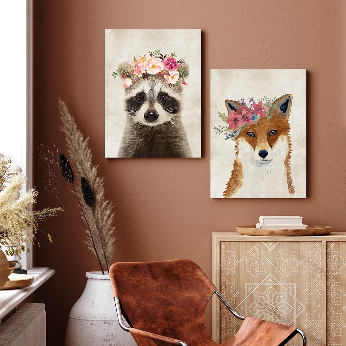Oridomy Cute Raccoon Canvas Painting Retro Animal Portrait Wall Art Decor Funny Raccoon With Garland Picture Framed Safari Anima