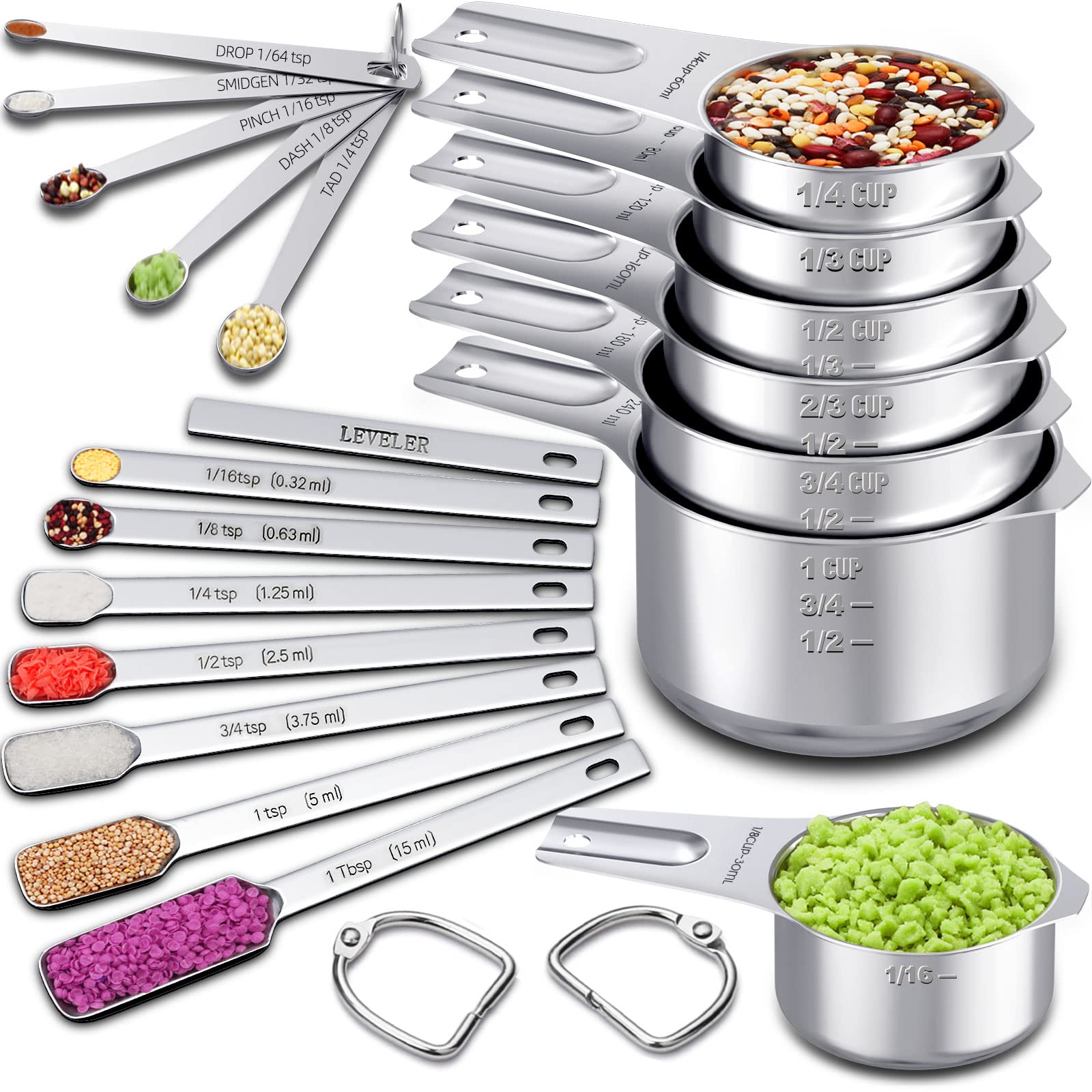 Measuring Cups And Spoons Set Of 20, 7 Stainless Steel Nesting Measuring Cups & 7 Spoons, 1 + Leveler & 5 Mini Measuring Spoons