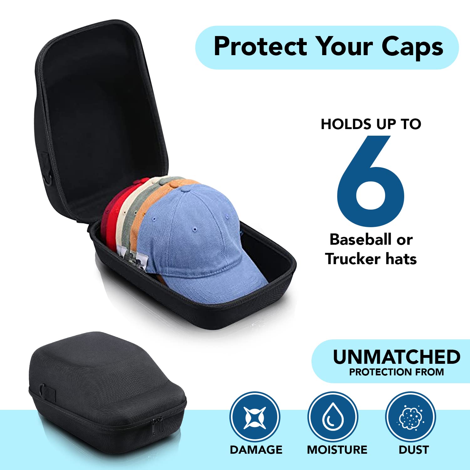 Ozueccr Hard Case, Storage For Baseball Caps With Carrying Handle & Shoulder Strap - This Organizer Holder Protects Up To 6 Hats