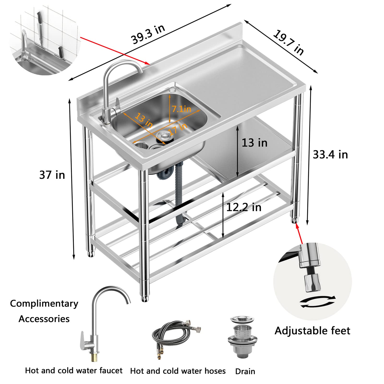Free Standing Stainless-Steel Single Bowl Commercial Restaurant Kitchen Sink Set W/Faucet & Drainboard, Prep & Utility Washing H