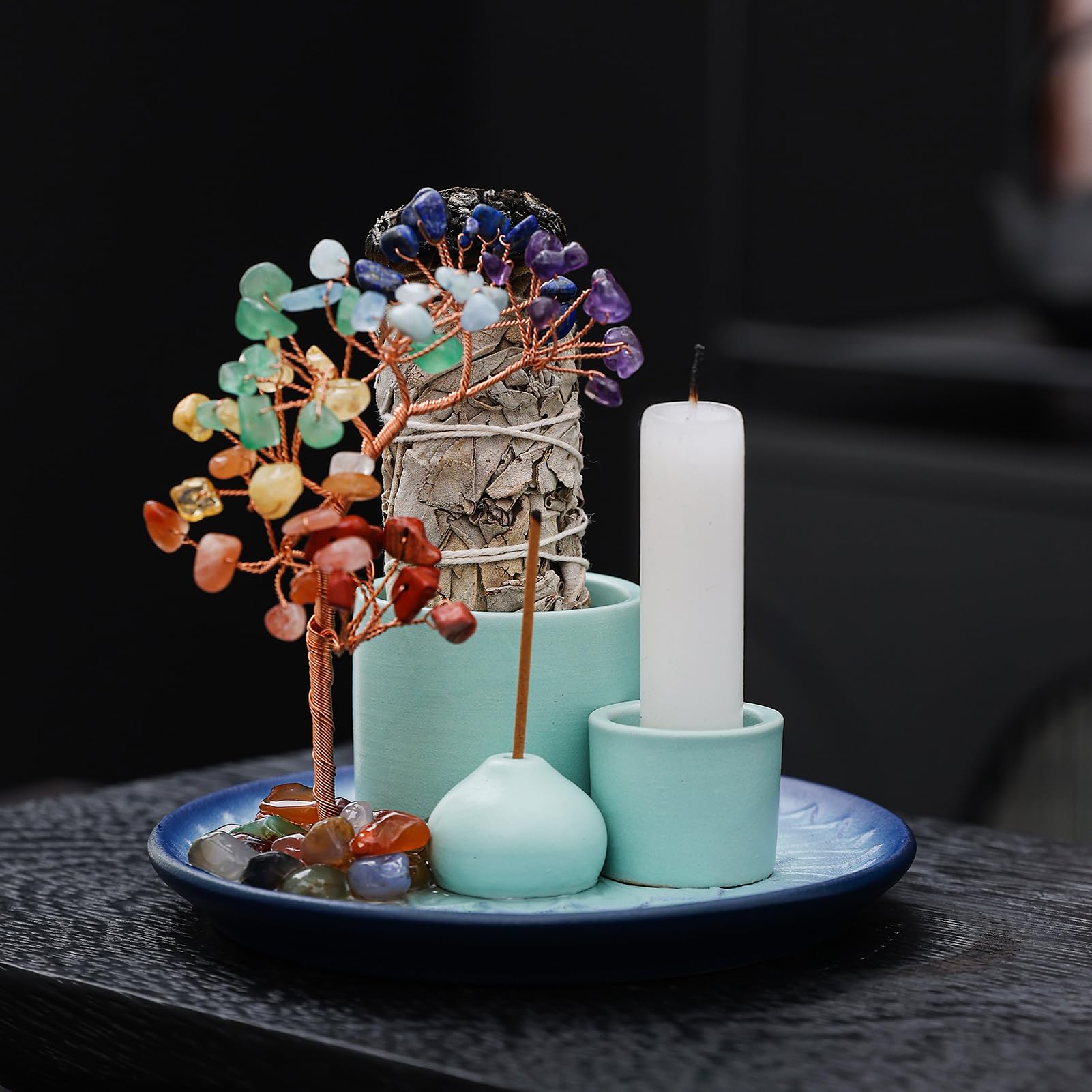5 in 1 Incense Burner Holder with Crystal Tree for Burning Palo Santo Stick, Sage, Incense Sticks, Candle, Ceramic Tray Ash Catc