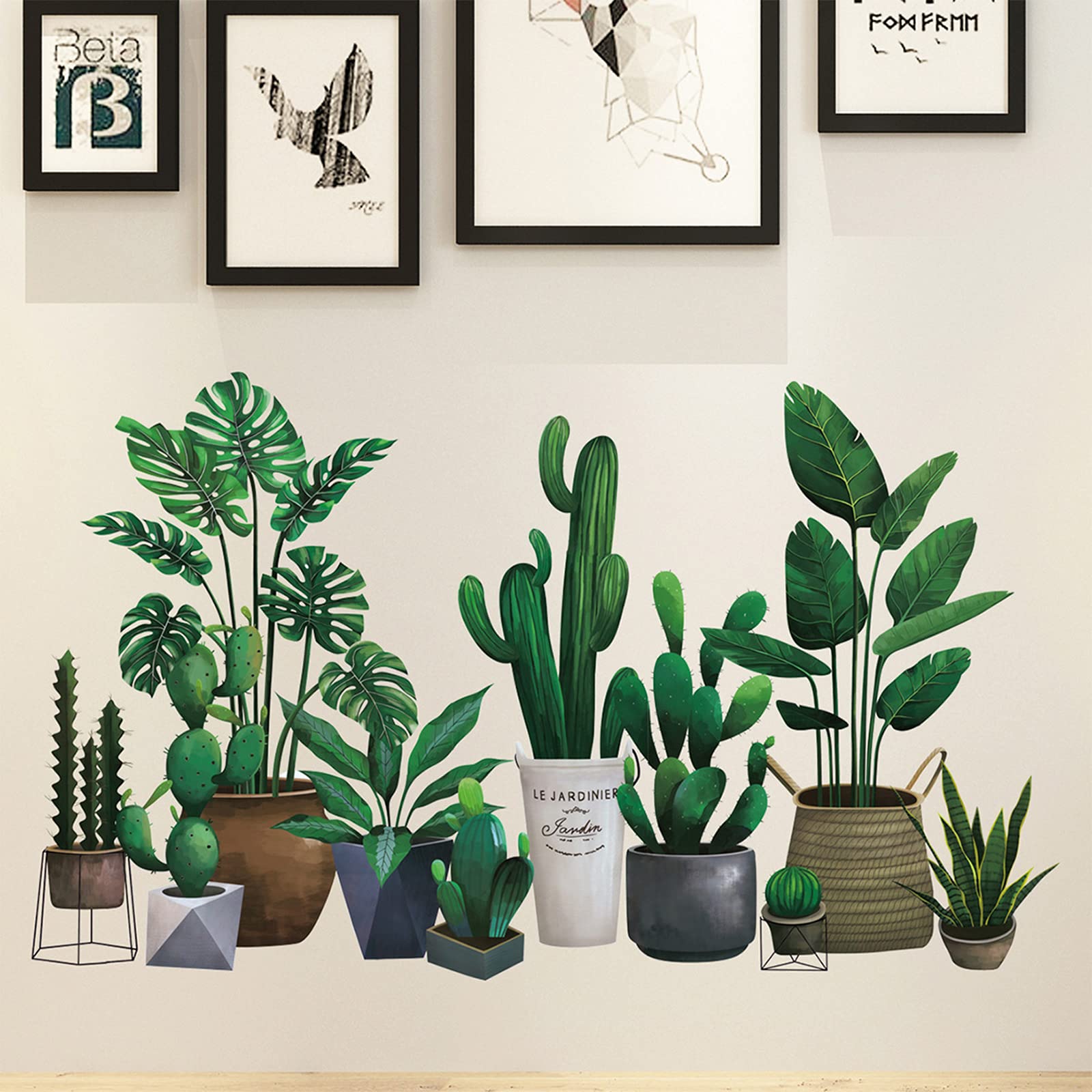 Green Pot Plants Leaves Wall Decals, Monstera Cactus Bonsai Tropical Potted Plants Wall Stickers, Removable Palm Tree Leaf Diy A