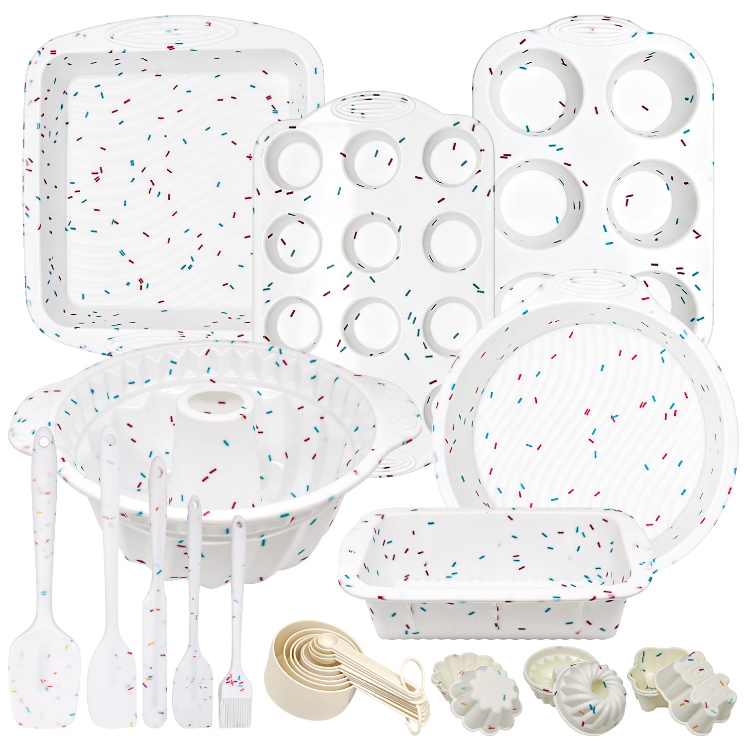 30PCS Silicone Baking Set, Nonstick Pan Sets with Round Square Cake Pans, Muffin Pan, Spatulas, Measuring Cups and Spoons for Ma
