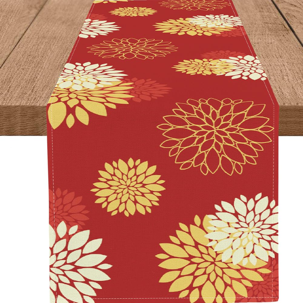 WHOMEAF Red Yellow Table Runner Merry Christmas New Year Dahlia Pinnata Flower Beige Table Runners Modern Elegant Farmhouse Coff