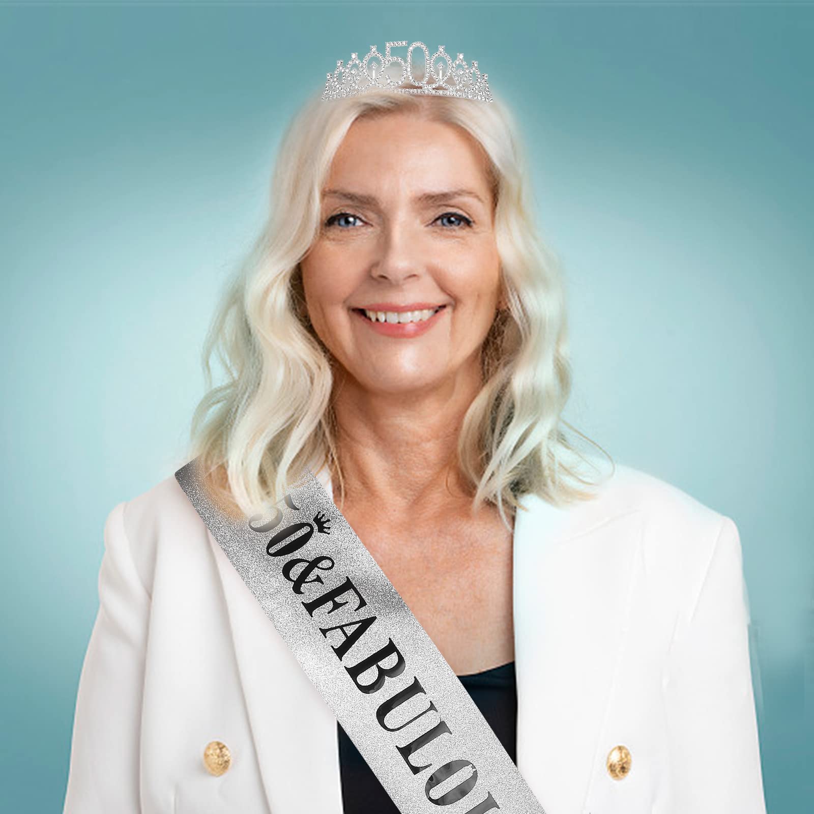 50Th Birthday Sash And Tiara For Women,Silver Birthday Sash,Queen Crown, 50 And Fabulous'' Sash And Tiara For Women,50Th Birthda