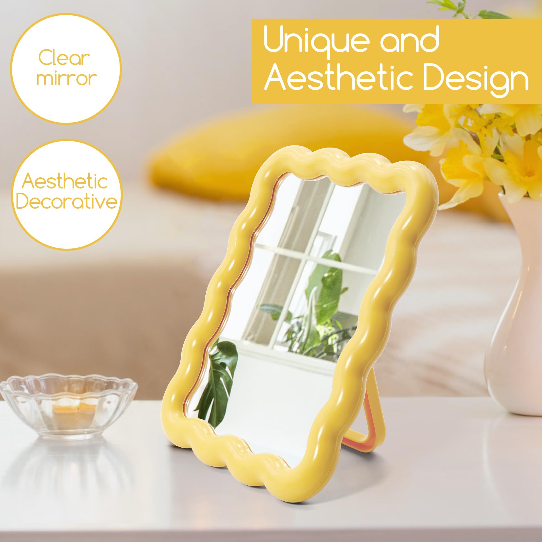 Philbinden Cute Wave-Shaped Desk Vanity Makeup Mirror, Portable Folding Travel Make Up Mirror for Standing/Hanging, Home Decorat