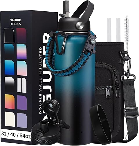 Vacuum Insulated Water Bottle 40oz - with Straw & Spout Lids  Paracord Handle  Shoulder Carrier Bag  Sport Stainless Steel   Double-wall Metal Water Bottle Thermo Hydro Mug Flask