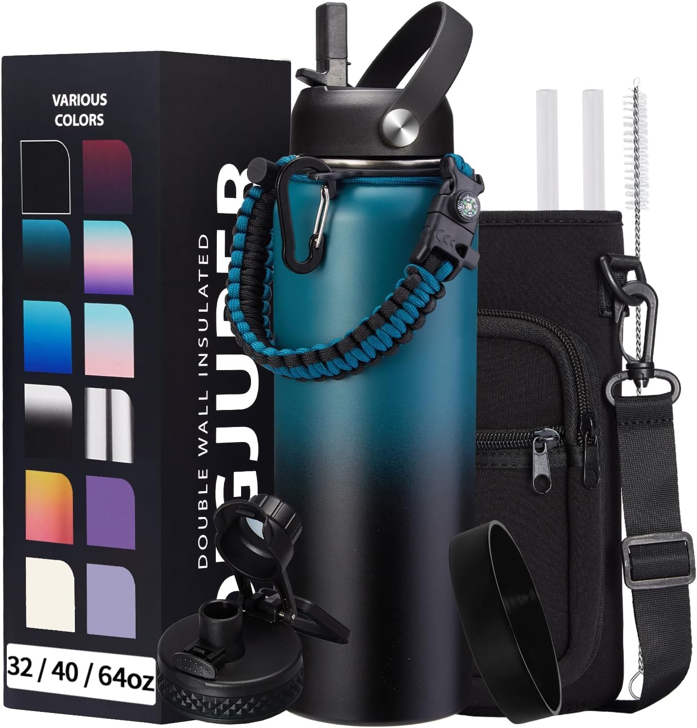 Vacuum Insulated Water Bottle 40oz - with Straw & Spout Lids  Paracord Handle  Shoulder Carrier Bag  Sport Stainless Steel   Double-wall Metal Water Bottle Thermo Hydro Mug Flask