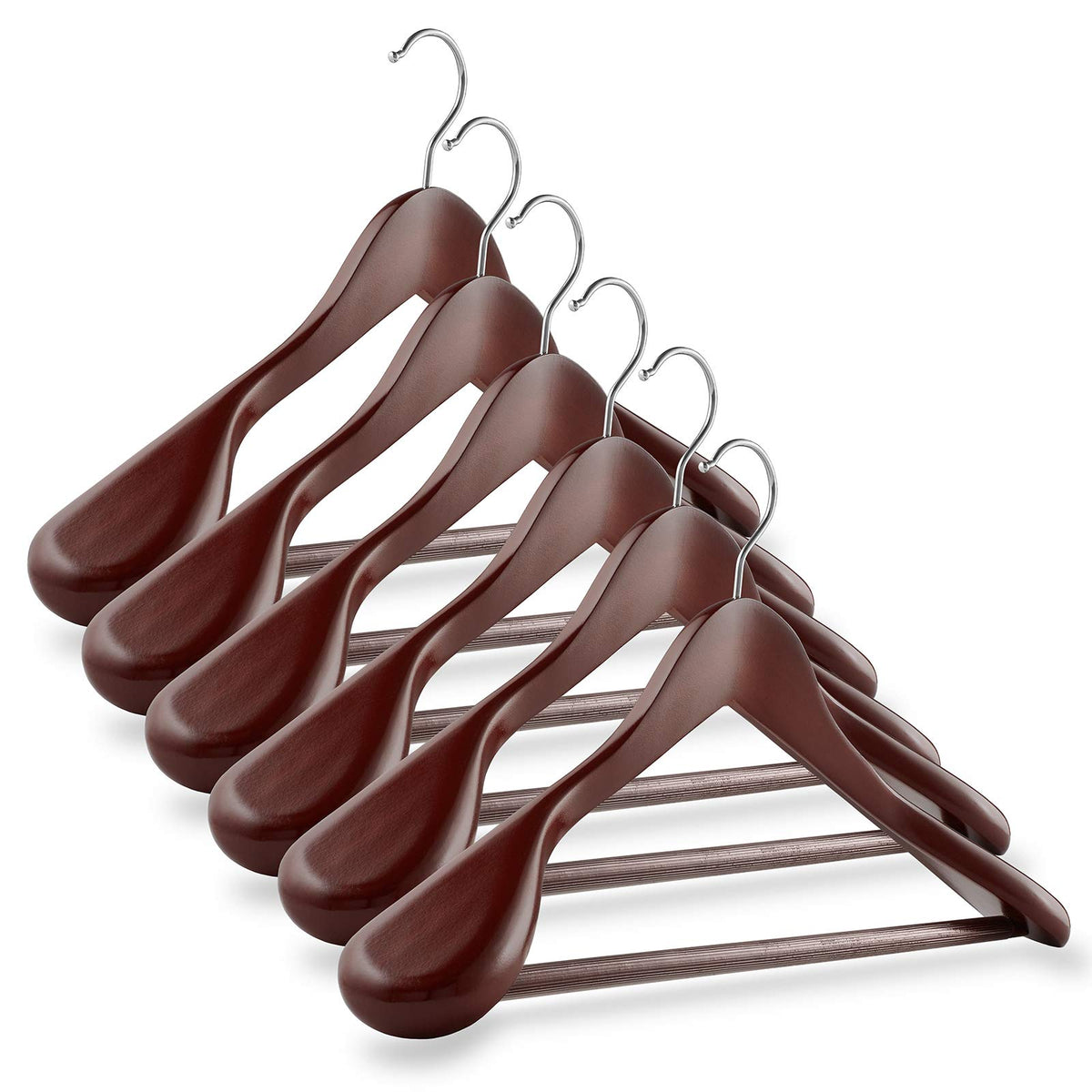 Casafield - 6 Cherry Wide Shoulder Wooden Suit Hangers - Premium Lotus Wood, Non-Slip Pant Bar & Chrome Swivel Hook For Dress Cl