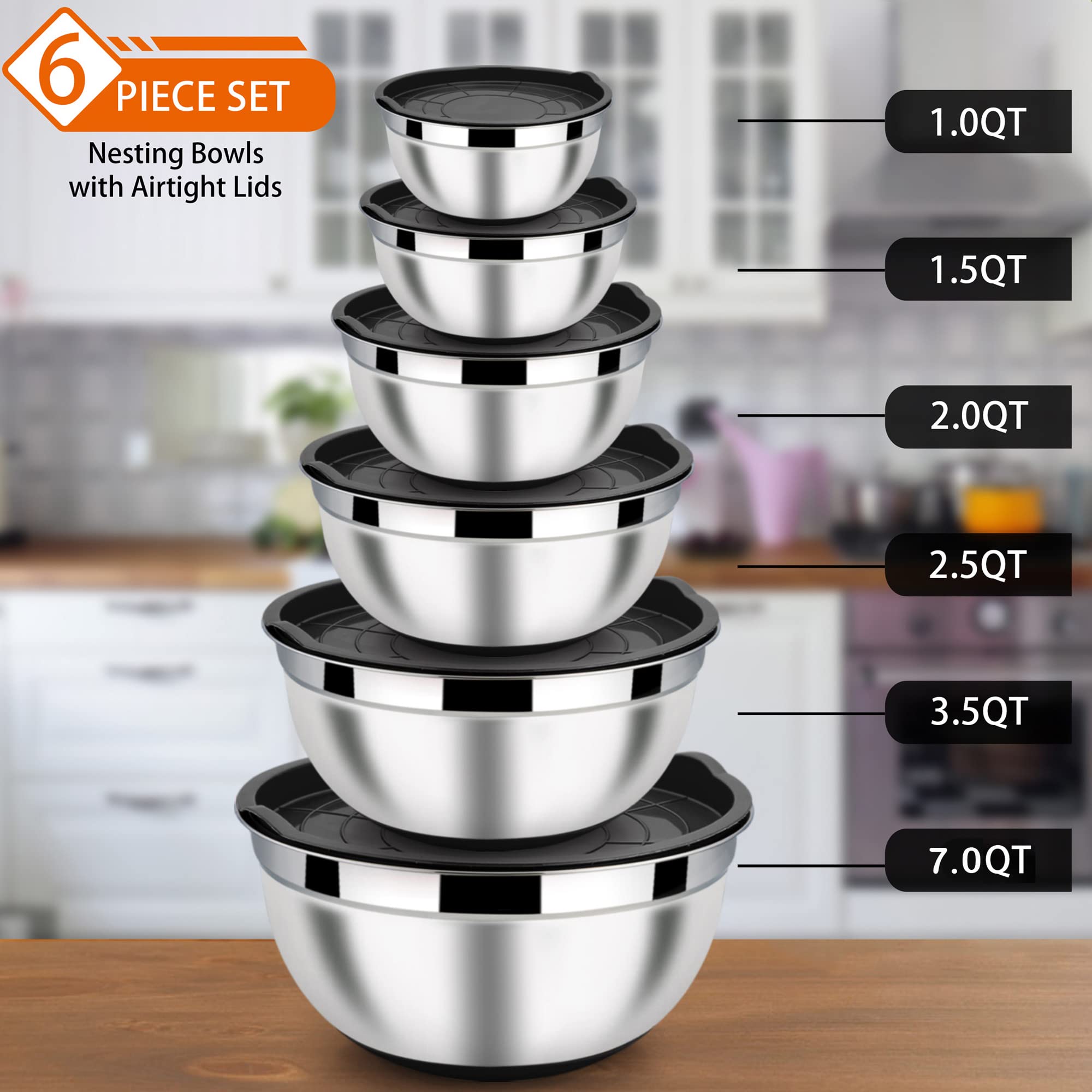 Lianyu Nesting Mixing Bowls Set Of 6, Stainless Steel Mixing Bowl With Airtight Lids, Size 7, 3.5, 2.5, 2, 1.5, 1Qt, Large Metal