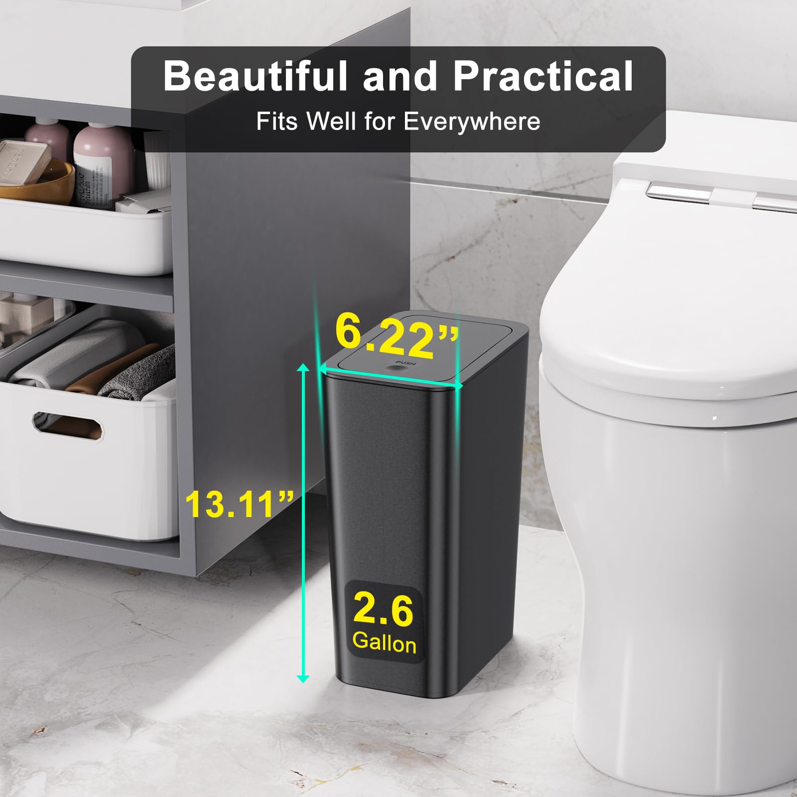 N. Netdot 3 Pack 10 L/2.6 Gal Bathroom Trash Can With Lid, Small Kitchen Trash Can With Press Type Lid, Black Trash Can/Slim Gar