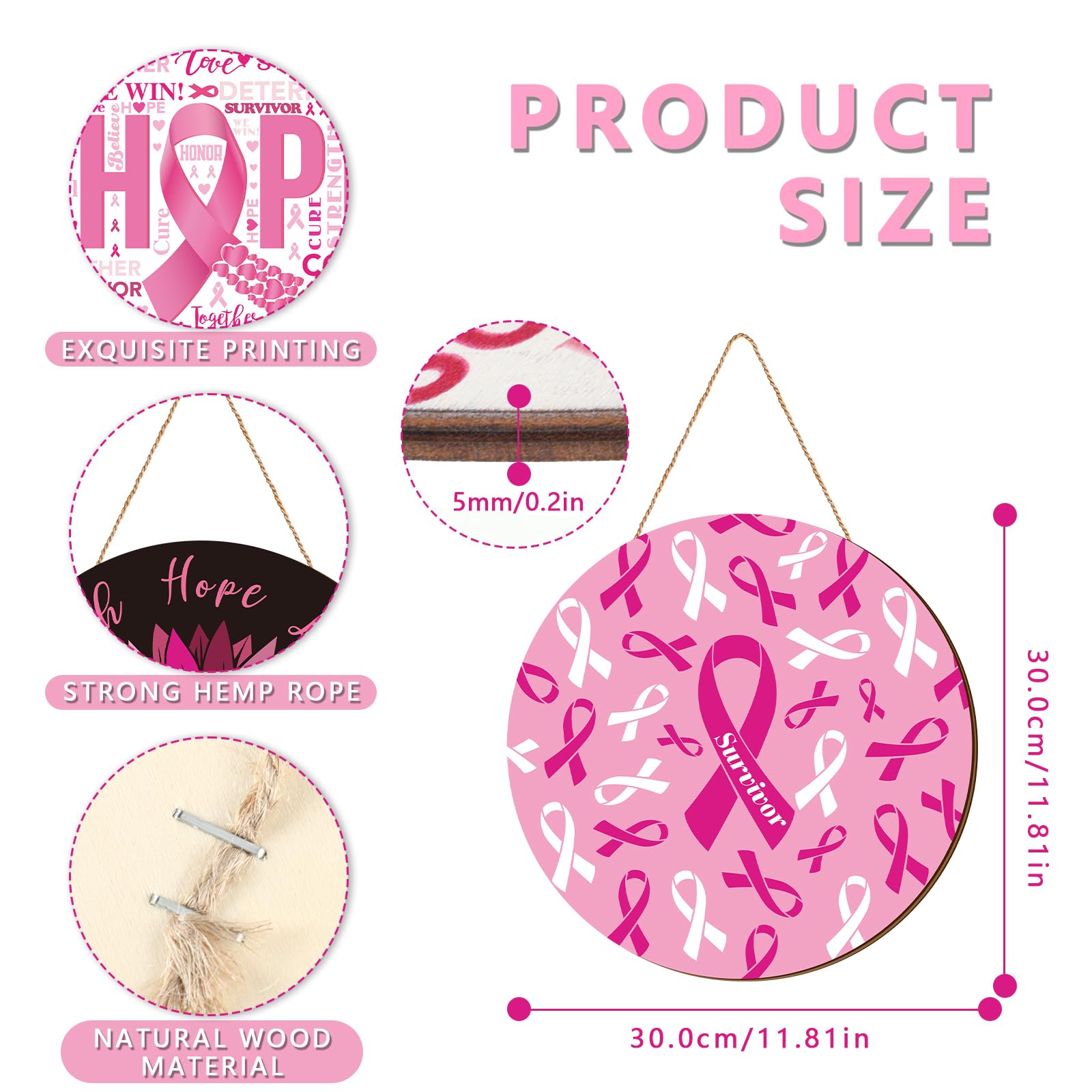 3 Pcs Breast Cancer Awareness Decoration Pink Ribbon Front Door Decor Signs Faith Hope Love Wooden Wreath Breast Cancer Awarenes