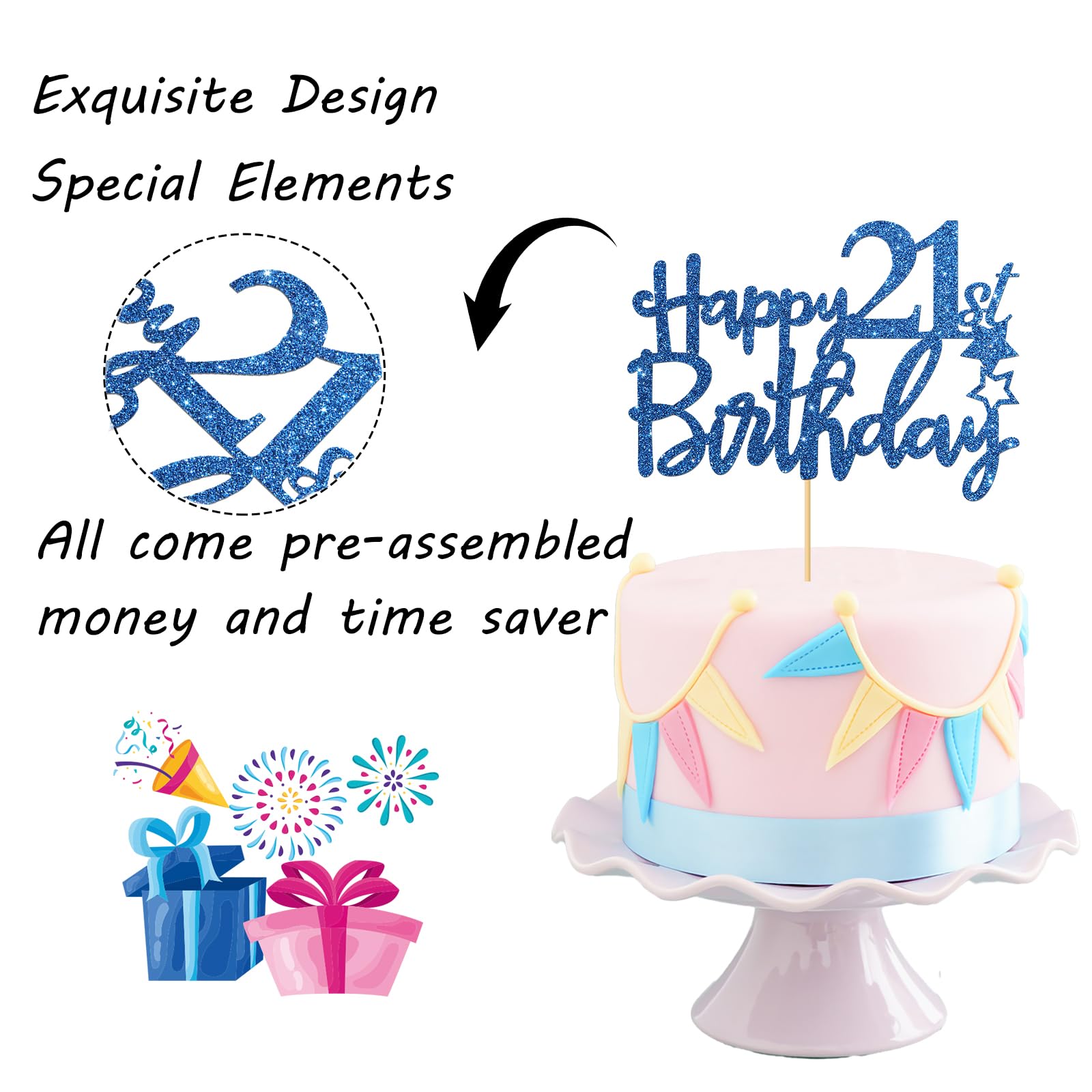 Royal Blue Glitter Happy 21St Birthday Cake Topper - 21 Sign Cake Topper - Cheers To 21 Years Party Supplies - 21St Birthday Par