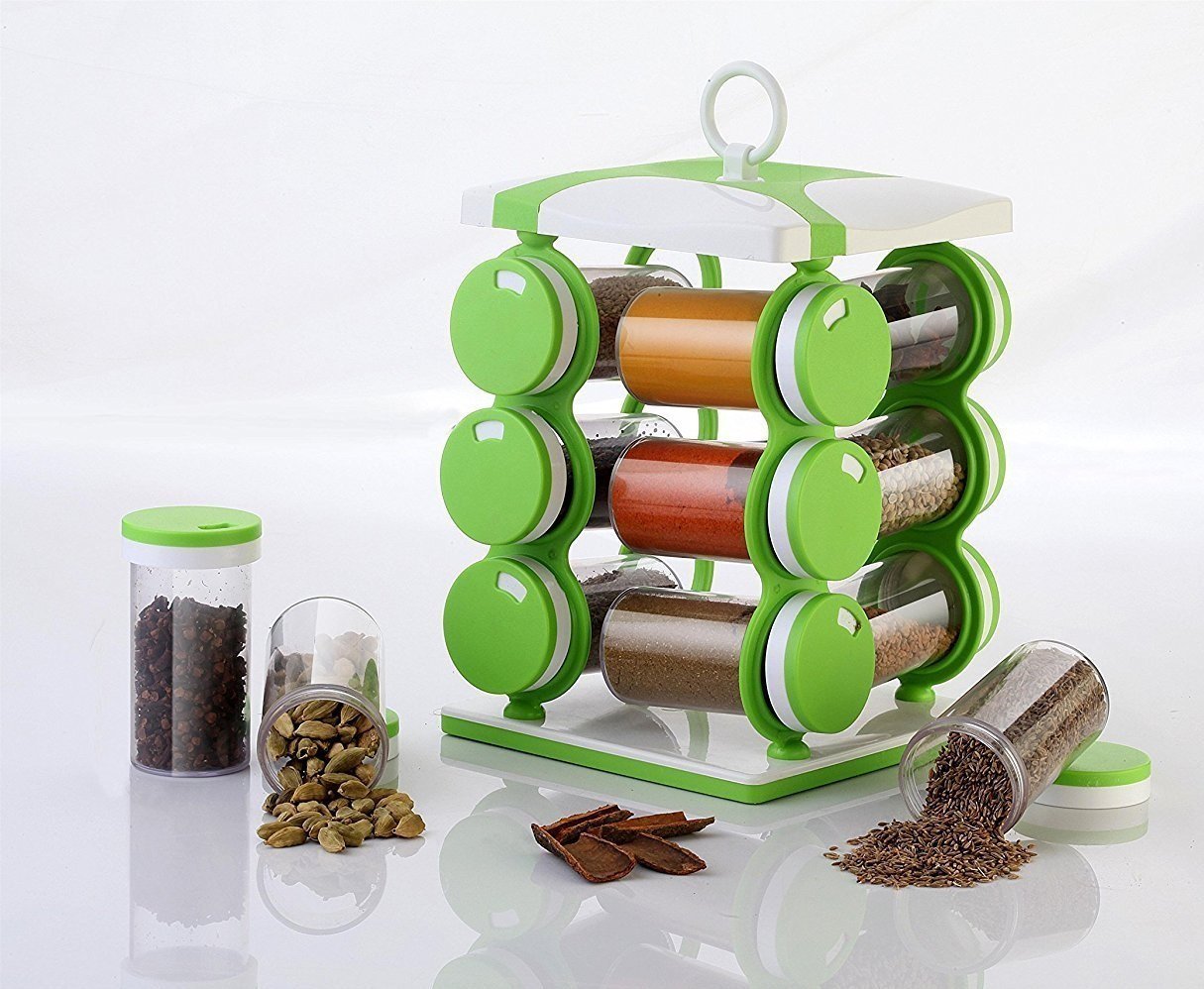 Fashionbonanzamart Plastic Revolving Spice Rack Set, Set Of 12, Green (Green_Spices_Rank_12)