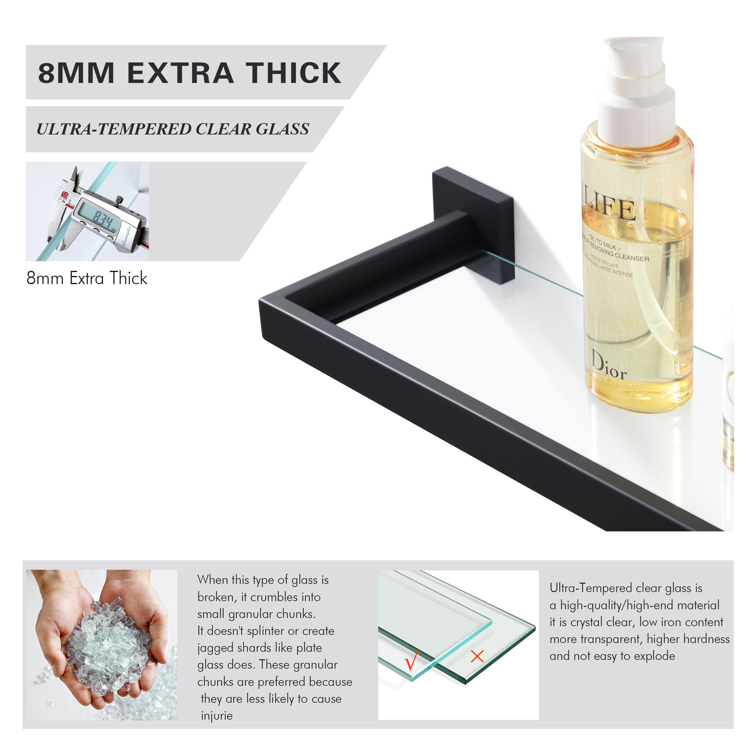 Buvelot Bathroom Shelf, Glass Shelf For Bathroom, 22.32 Inch Large, 8Mm Extra Thick Tempered Glass Shelves Wall Mounted, Square