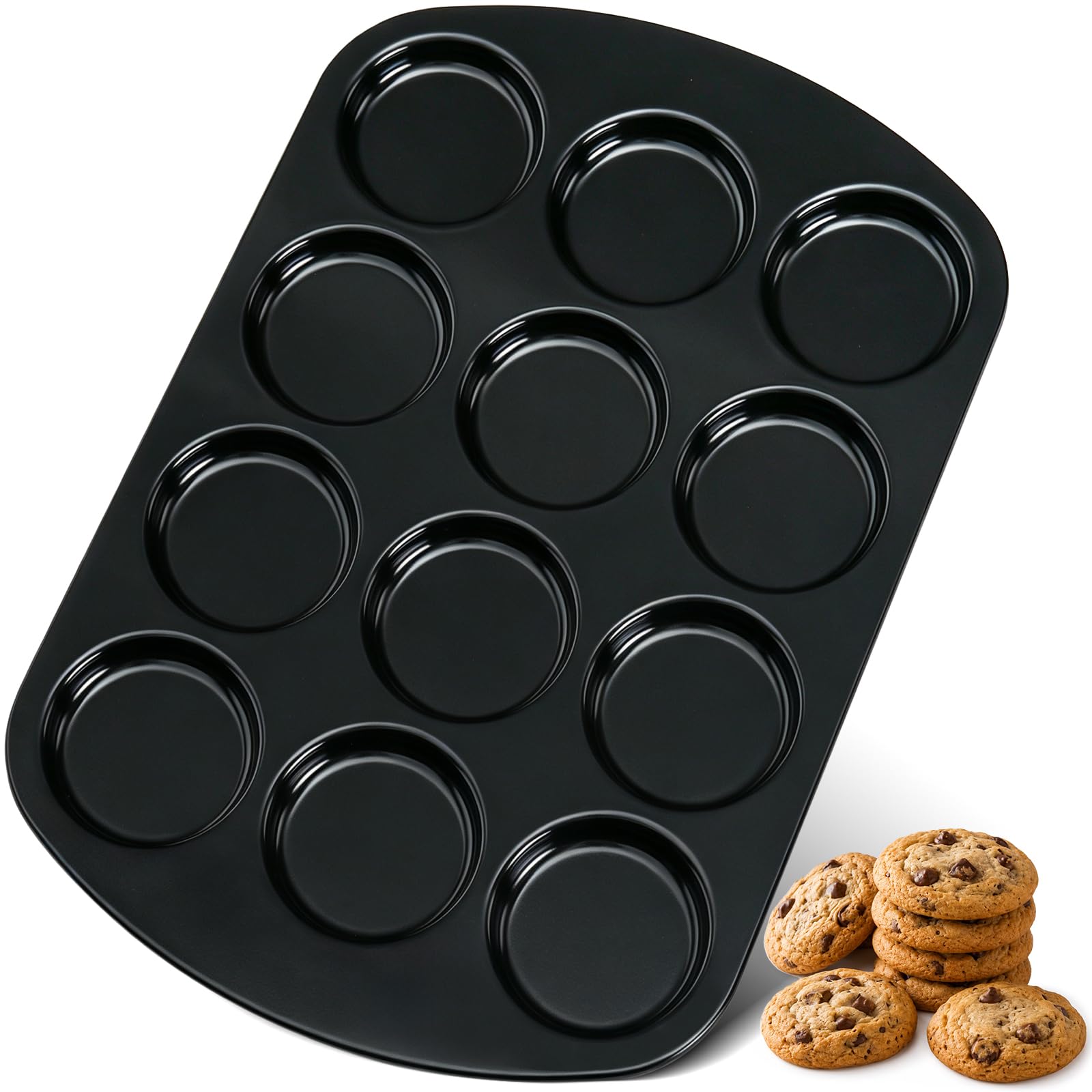 UWILLION Muffin Top Pan, 12 Cavity Nonstick Shallow Cupcake Pan, 3 Inch Carbon Steel Baking Tray, Oven Safe up to 450F, for Muff