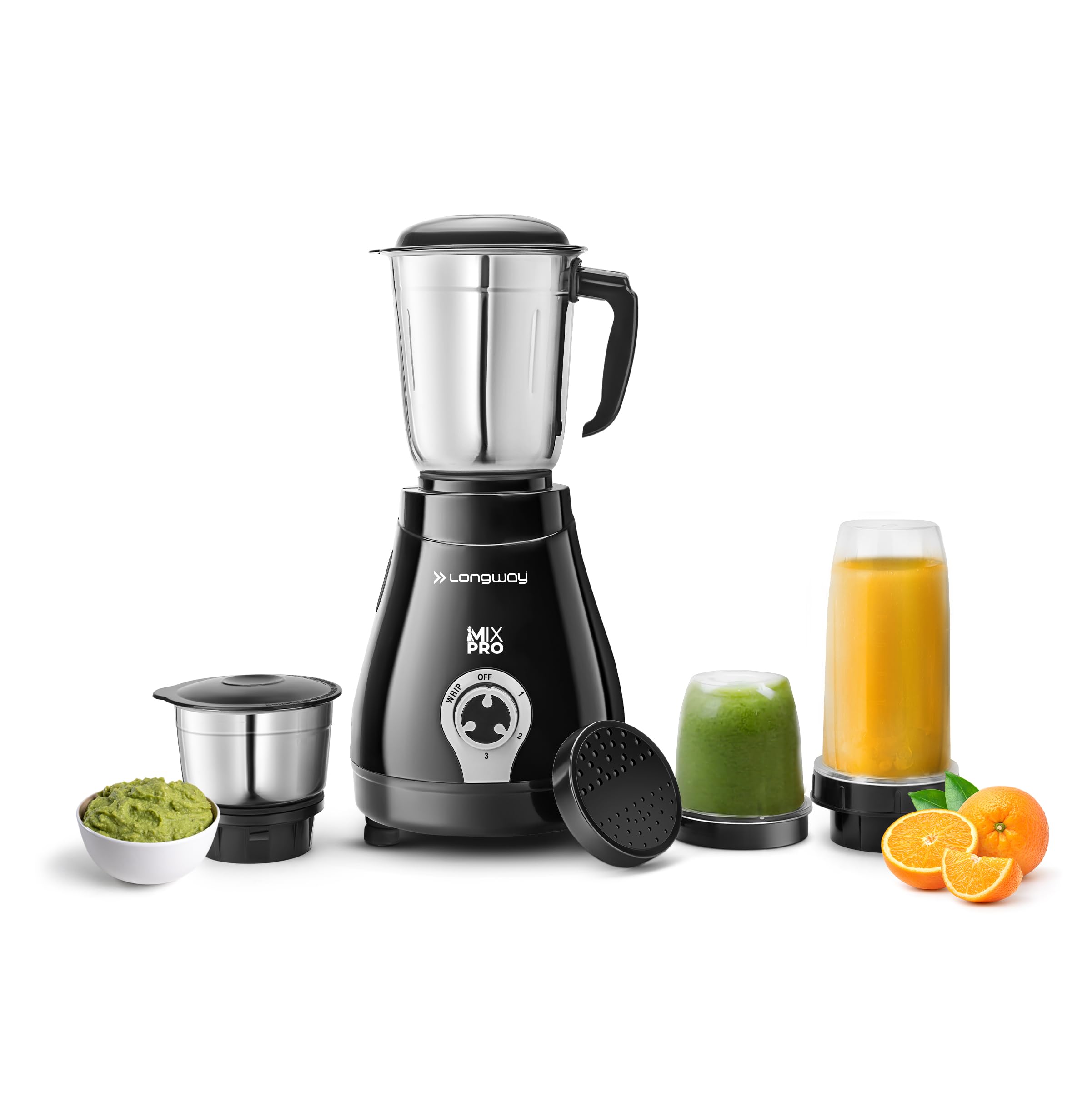 Longway Mix Pro 550 Watt Mixer Grinder With 4 Jars For Grinding, Mixing, Blending, Juicing With Powerful Motor (Black & Gray,4 J