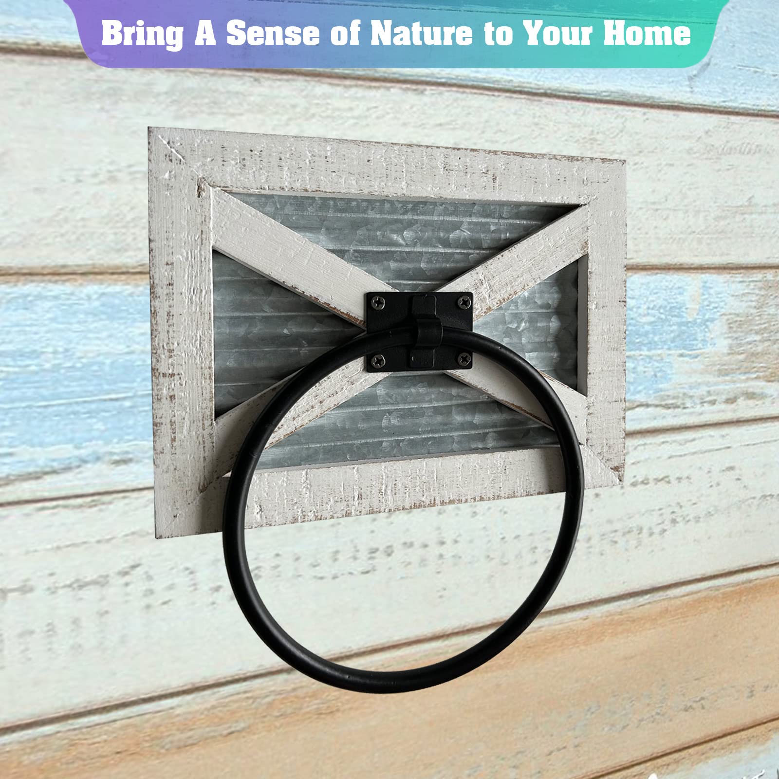Farmhouse Bathroom Rustic Towel Ring With Galvanized Metal& Black Metal - Rustic Weathered White Wood Wall Mount Hand Towel Hold