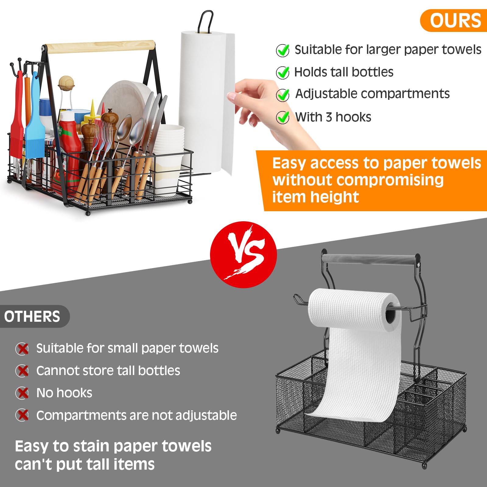 Grill Caddy With Paper Towel Holder, Picnic Bbq Condiment Utensil Organizer Caddy For Outdoor Kitchen, Rv, Camping Accessories,