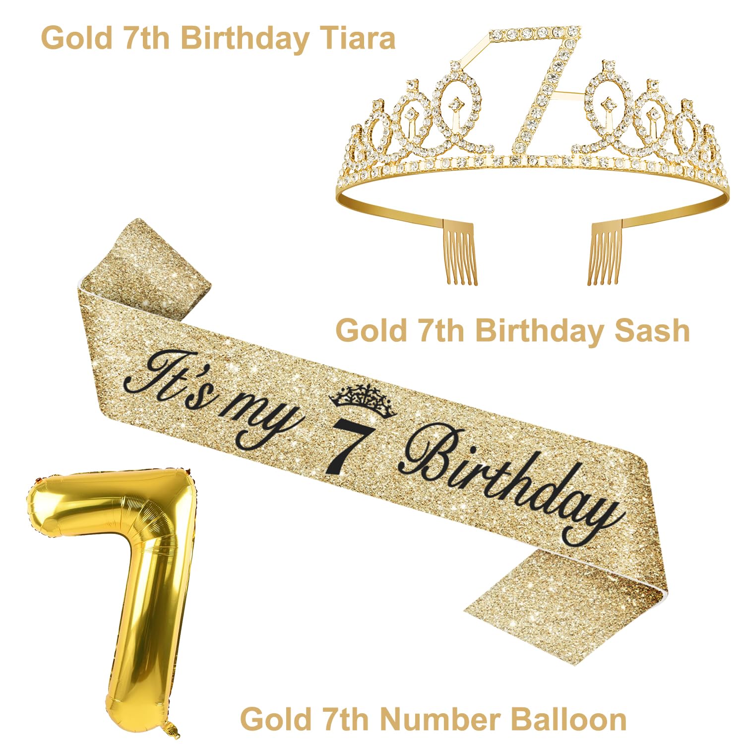 7th Birthday Decorations for Girl with 7th Birthday Girl Sash and Tiara, Candles and Cake Topper, Number Balloons, 7 Year Old Gi