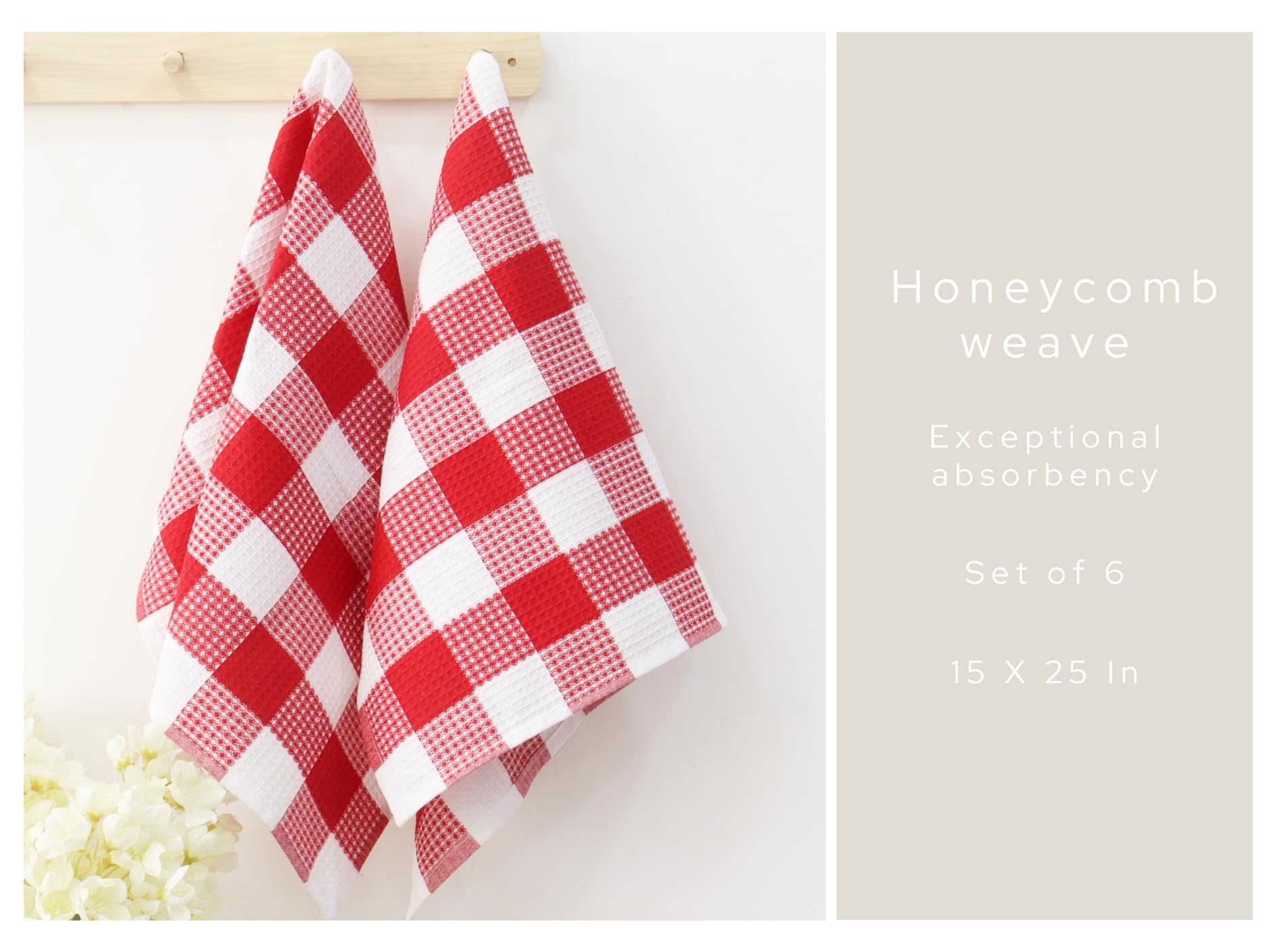 PurpleEssences 100% Cotton Waffle Weave Check Plaid Kitchen Towels, Super Soft and Absorbent Dish Towels for Drying Dishes 15x25