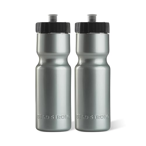 50 Strong Sports Squeeze Water Bottle 2 Pack - 22 oz. BPA Free Easy Open Push/Pull Cap - USA Made (Silver)