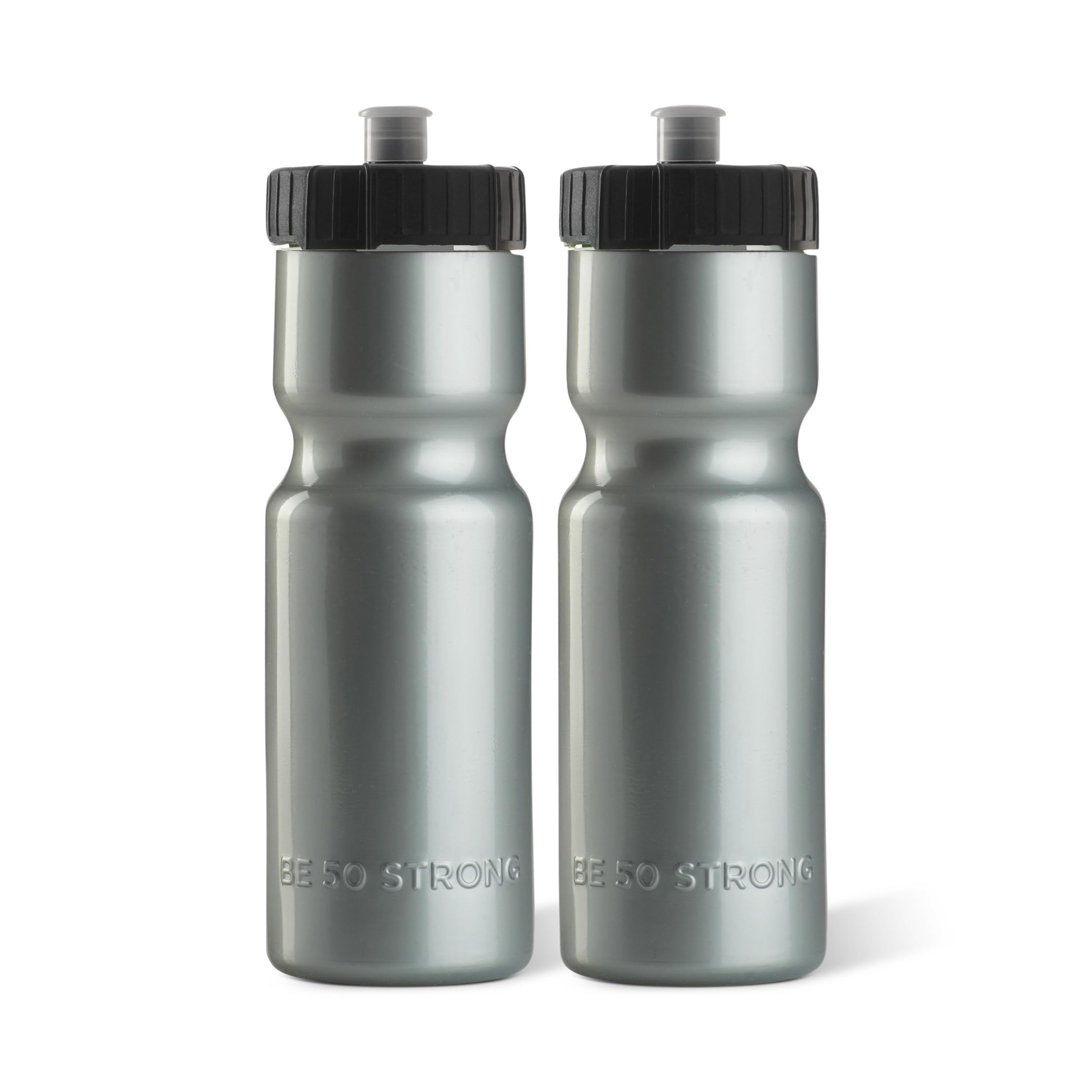 50 Strong Sports Squeeze Water Bottle 2 Pack - 22 oz. BPA Free Easy Open Push/Pull Cap - USA Made (Silver)