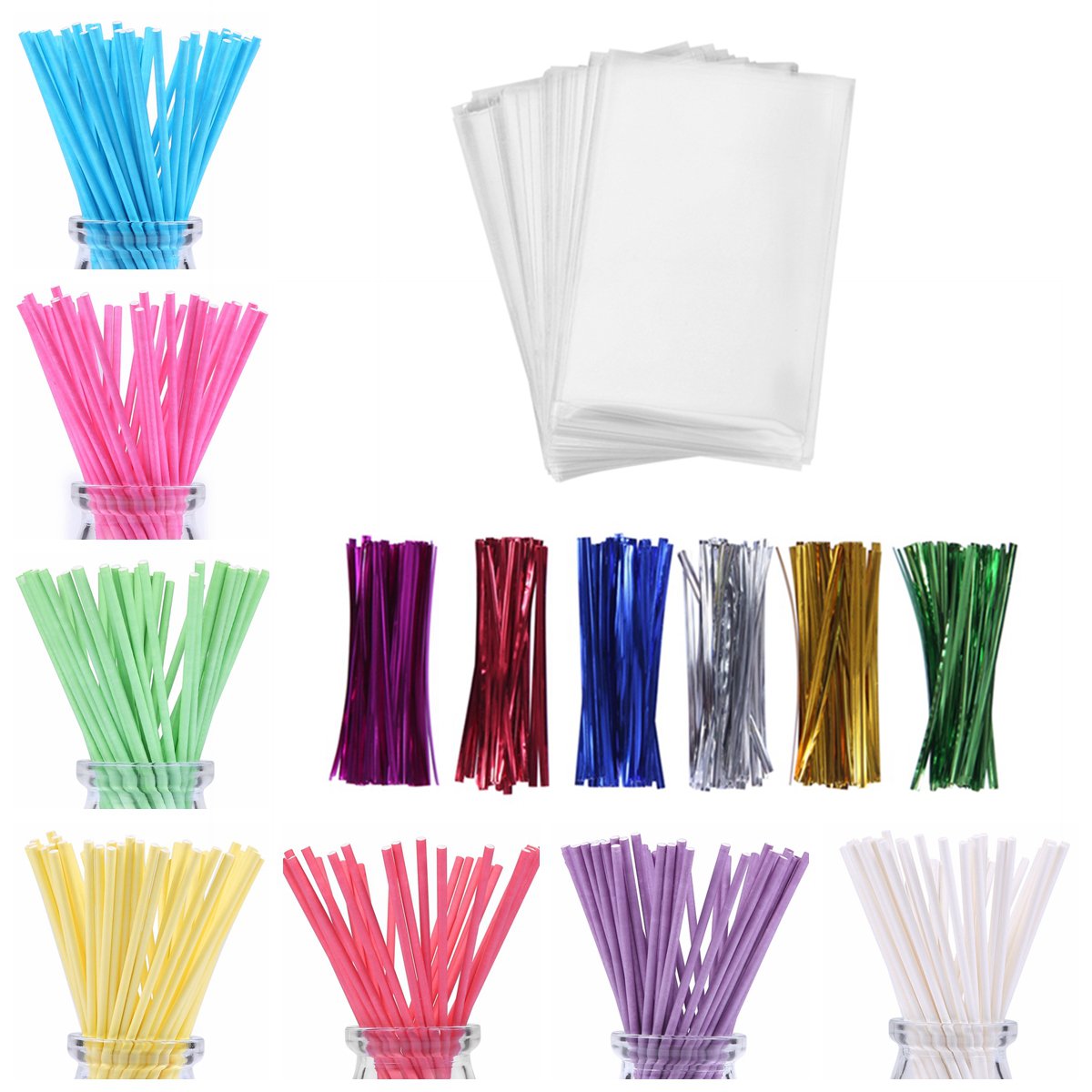 600Ct Lollipop Cake Pop Kit Including 200 Lollipop Sticks, 200 Lollipop Bags And 200 Twist Ties, Candy Wrappers Accessories Set