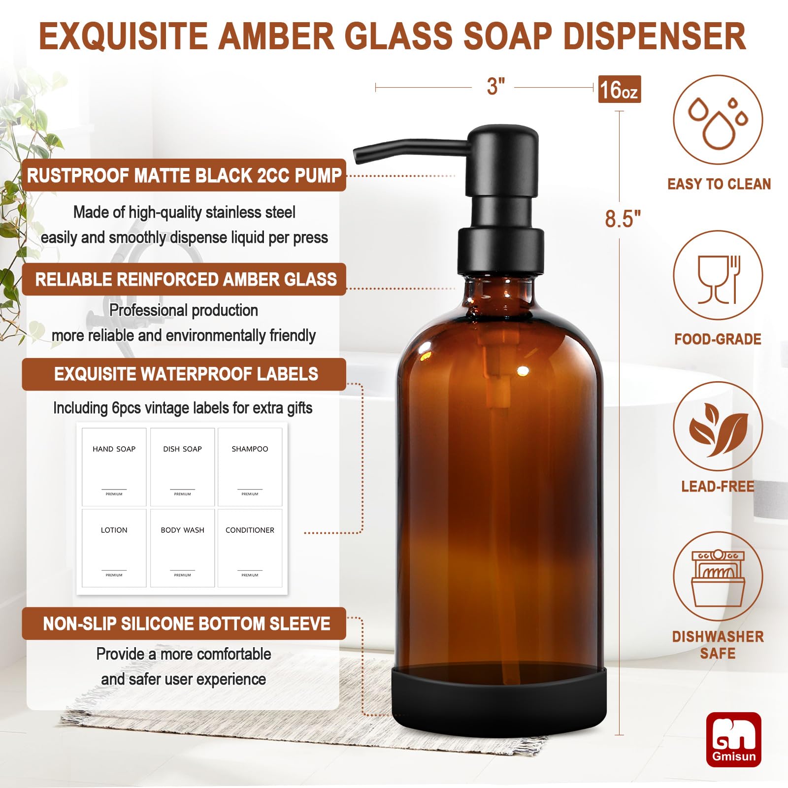 Gmisun Amber Glass Soap Dispenser With Silicone Sleeve, 2 Pack Bathroom Hand Soap Dispenser With Stainless Steel Pump, 16Oz Kitc