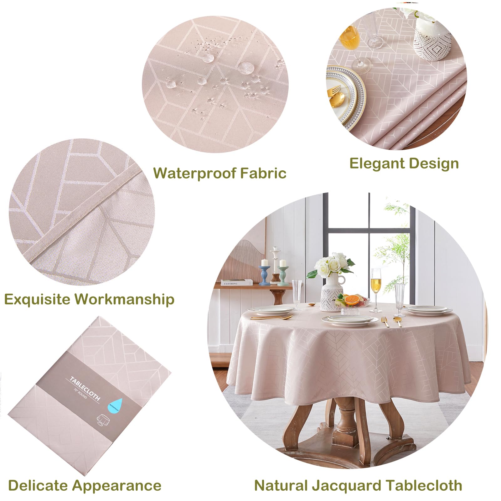 Efficinature Round Tablecloth Jacquard Waterproof Table Cloth 70 Inch Geometry Pattern Silky Soft Wrinkle Resistant Washable Tab