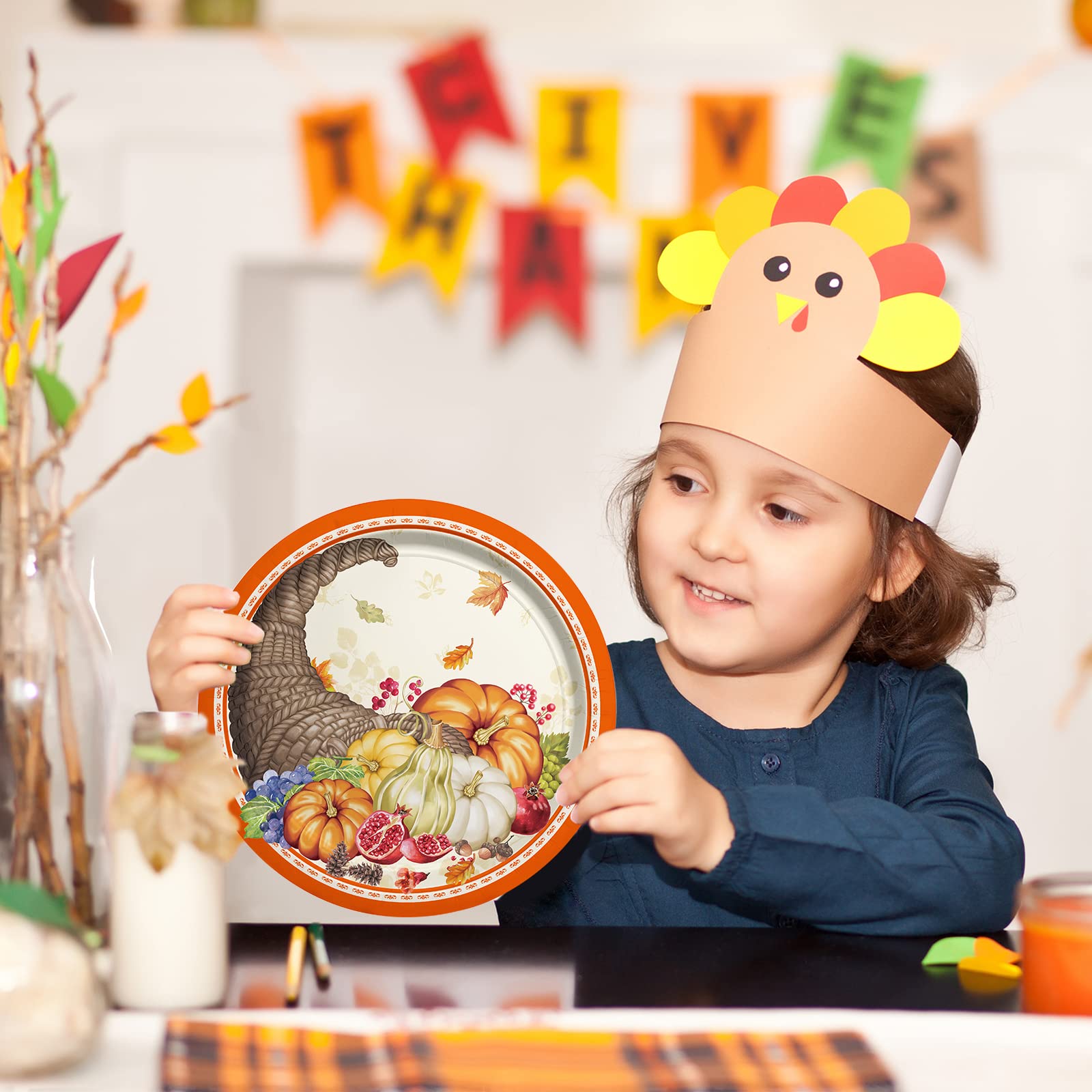 Fall Pumpkin Harvest Party Supply Kit Includes Cornucopia Disposable Paper Dinner Plates, Dessert Plates And Napkins For Thanksg