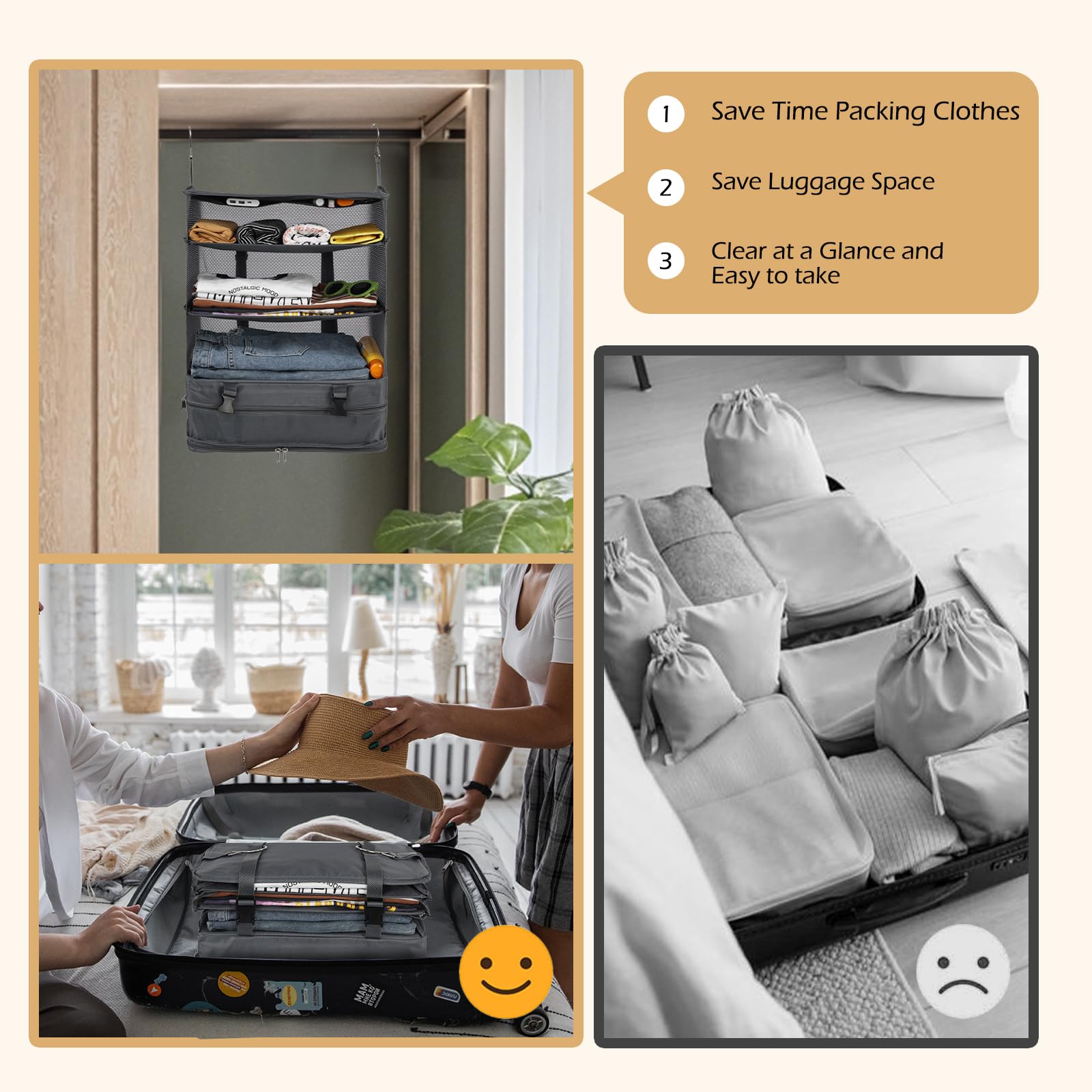 Surblue Hanging Closet Storage Bag Collapsible 3-Shelf Washable Oxford Fabric With 2 Hooks (Xl 17.71 * 11.81 * 20In, Grey)