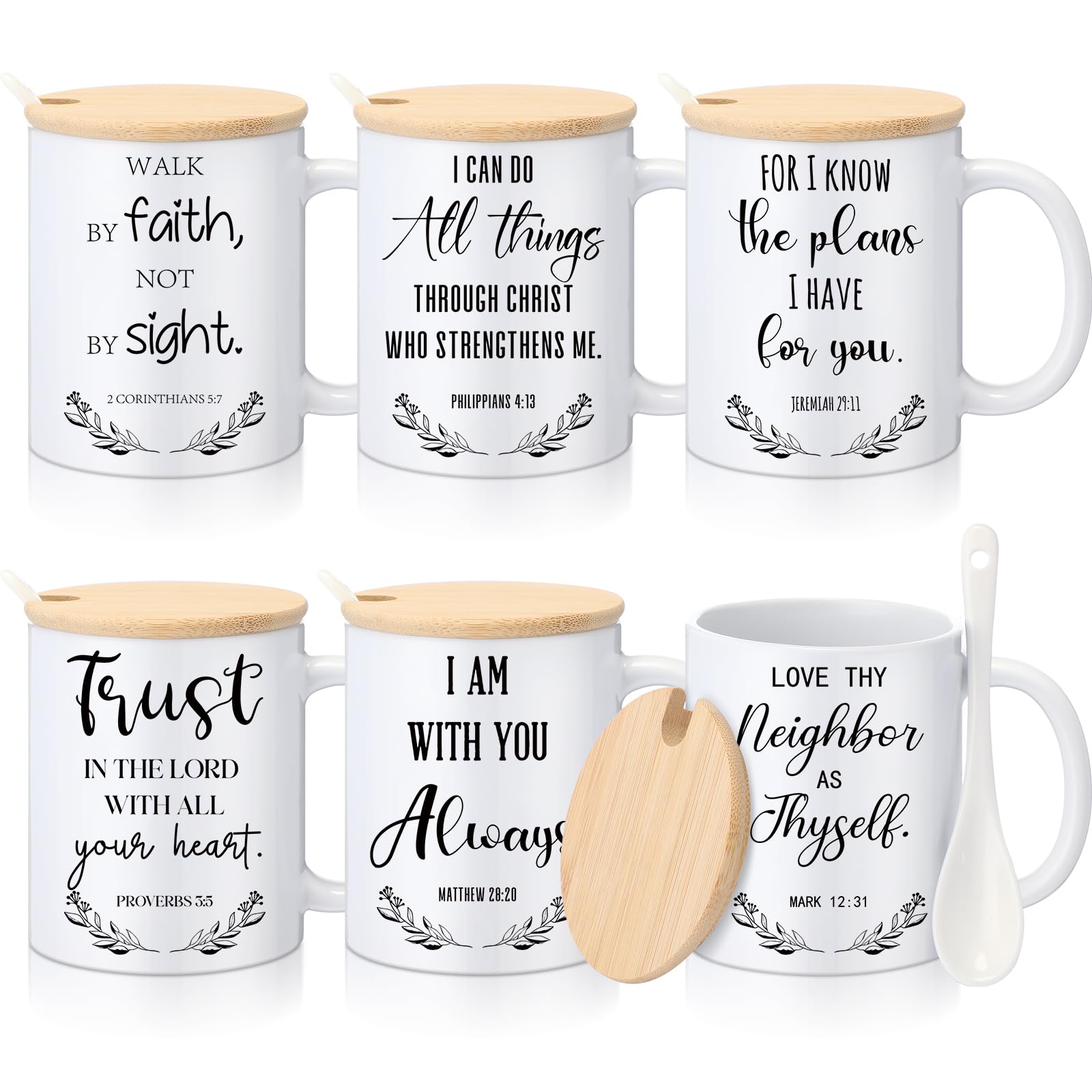 Maxdot 6 Sets Christian Gifts for Women Men Christian Mugs Bulk 12oz Coffee Mug with Lid Handle Spoon Religious Inspirational Sc