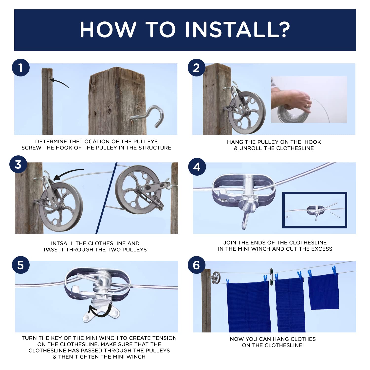 Strata Clothesline Outdoor Heavy Duty Kit - 150 Feet Galvanized Wire Gold Pvc Coating, 6.5'' Clothesline Pulley 2Pcs, Metal Mini