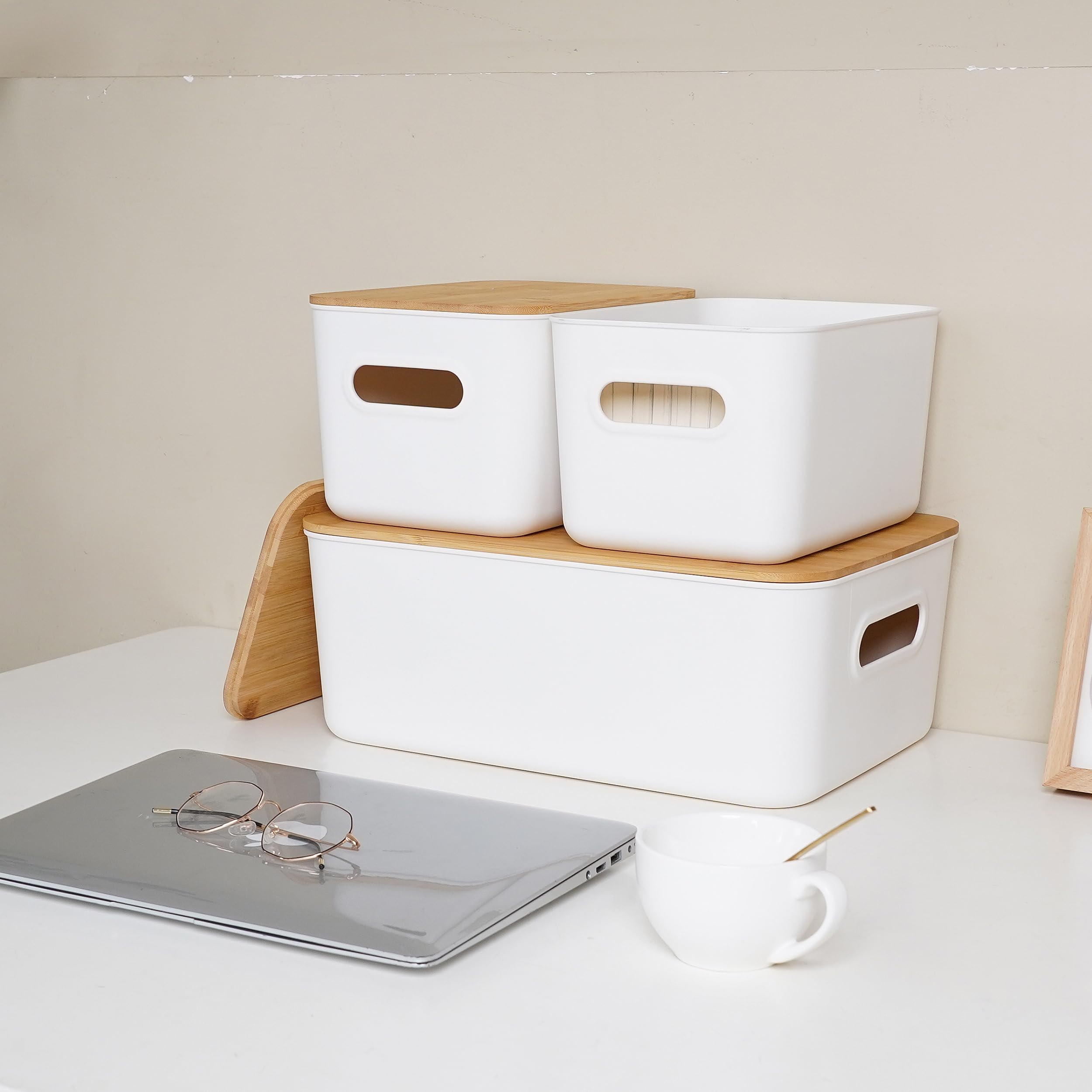 Citylife Set Of 3 Storage Bins With Bamboo Lids Plastic Storage Containers For Organizing Stackable Storage Box With Handle