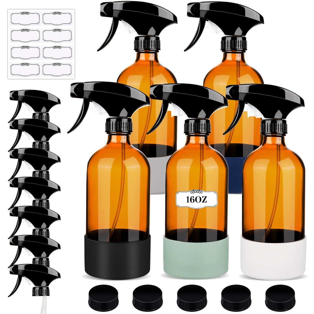 Zenowick 5 Pack/16 Oz Glass Spray Bottles, Refillable Empty Containers With Silicone Sleeve, Upgraded Adjustable Nozzle Spray Bo