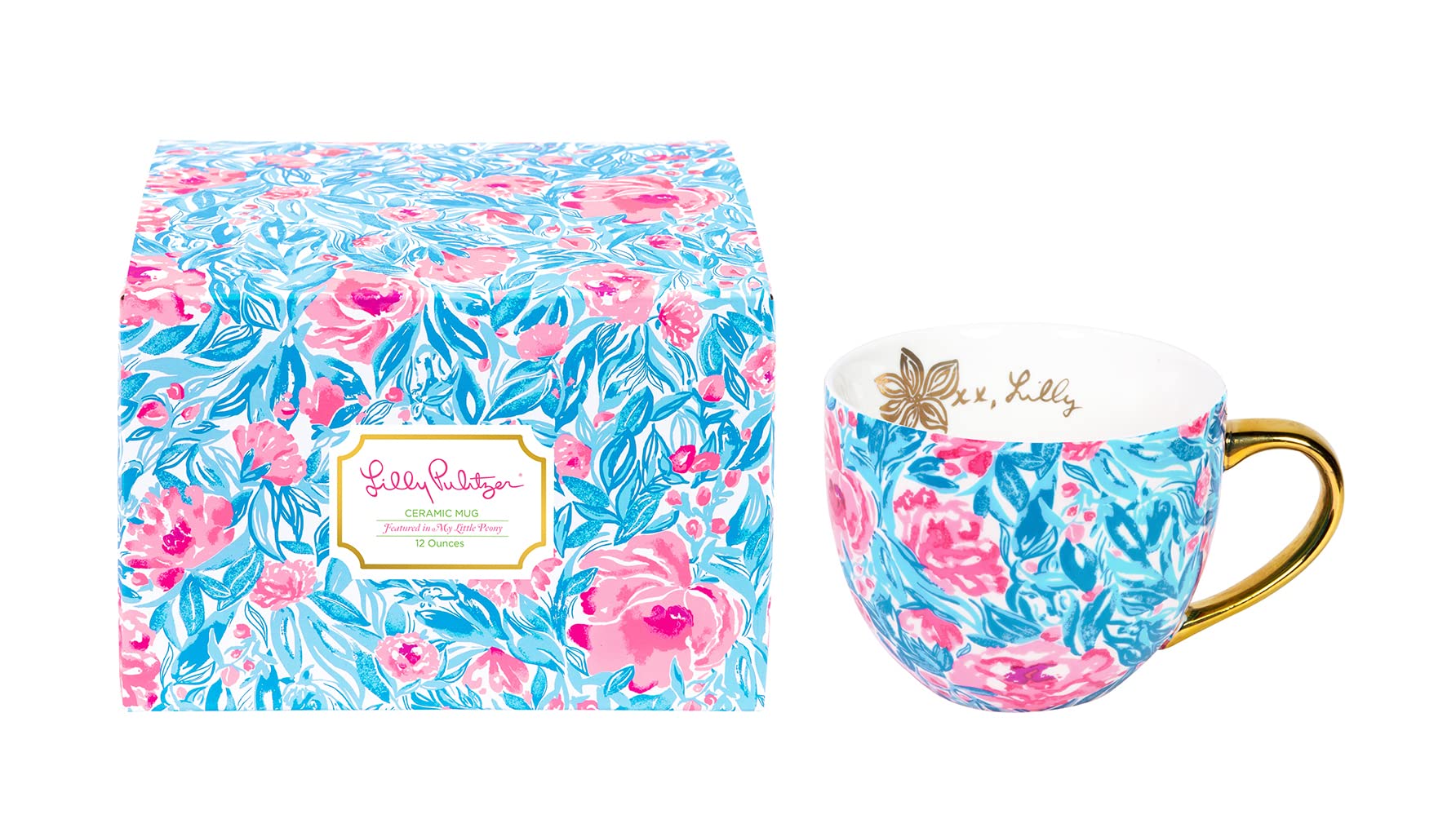 Lilly Pulitzer 12 Ounce Floral Ceramic Coffee Mug or Tea Cup, Cute Mug with Gold Handle and Gift Box, My Little Peony