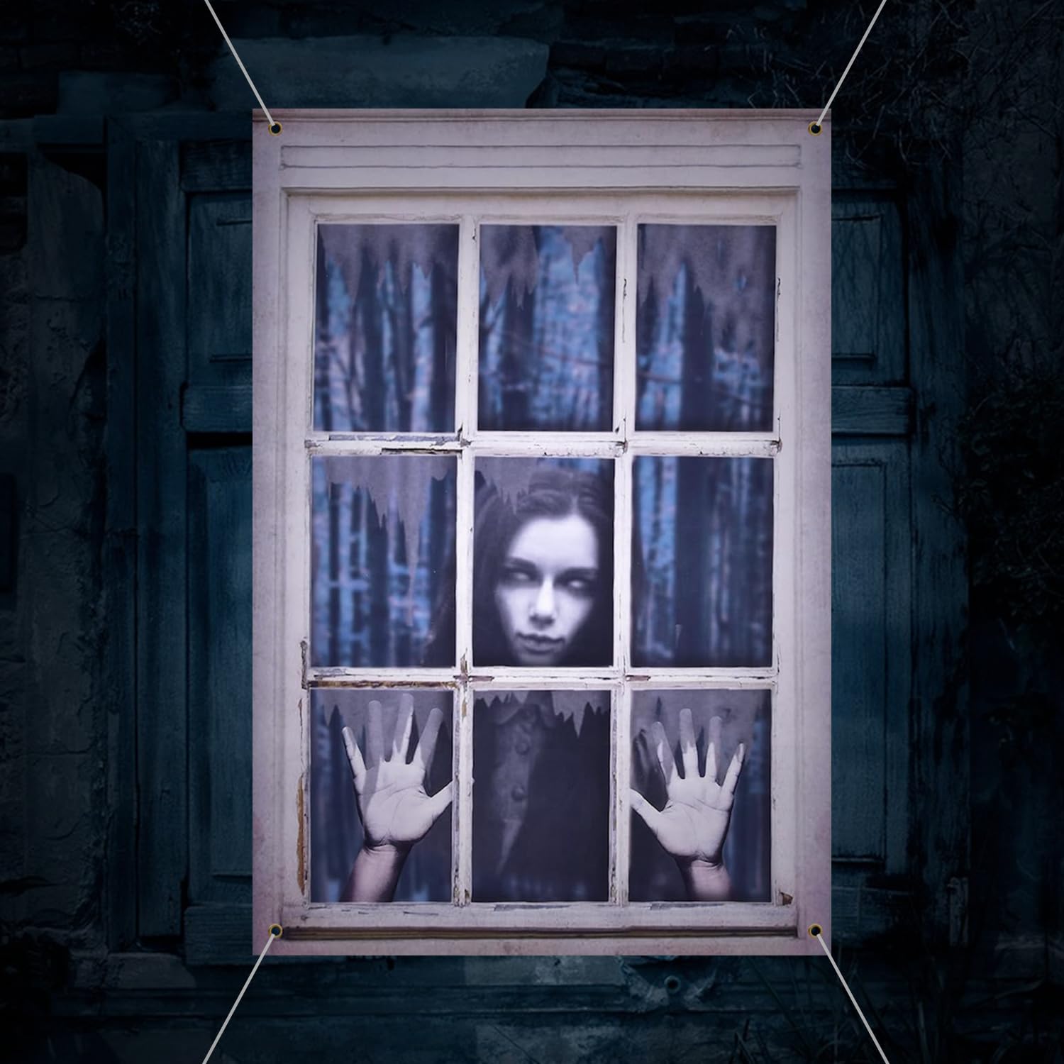 Ghost Halloween Decor - White Eyes Window Silhouette Curtains for Door, Wall - Scary Indoor/Outdoor Decor (Female Ghost)