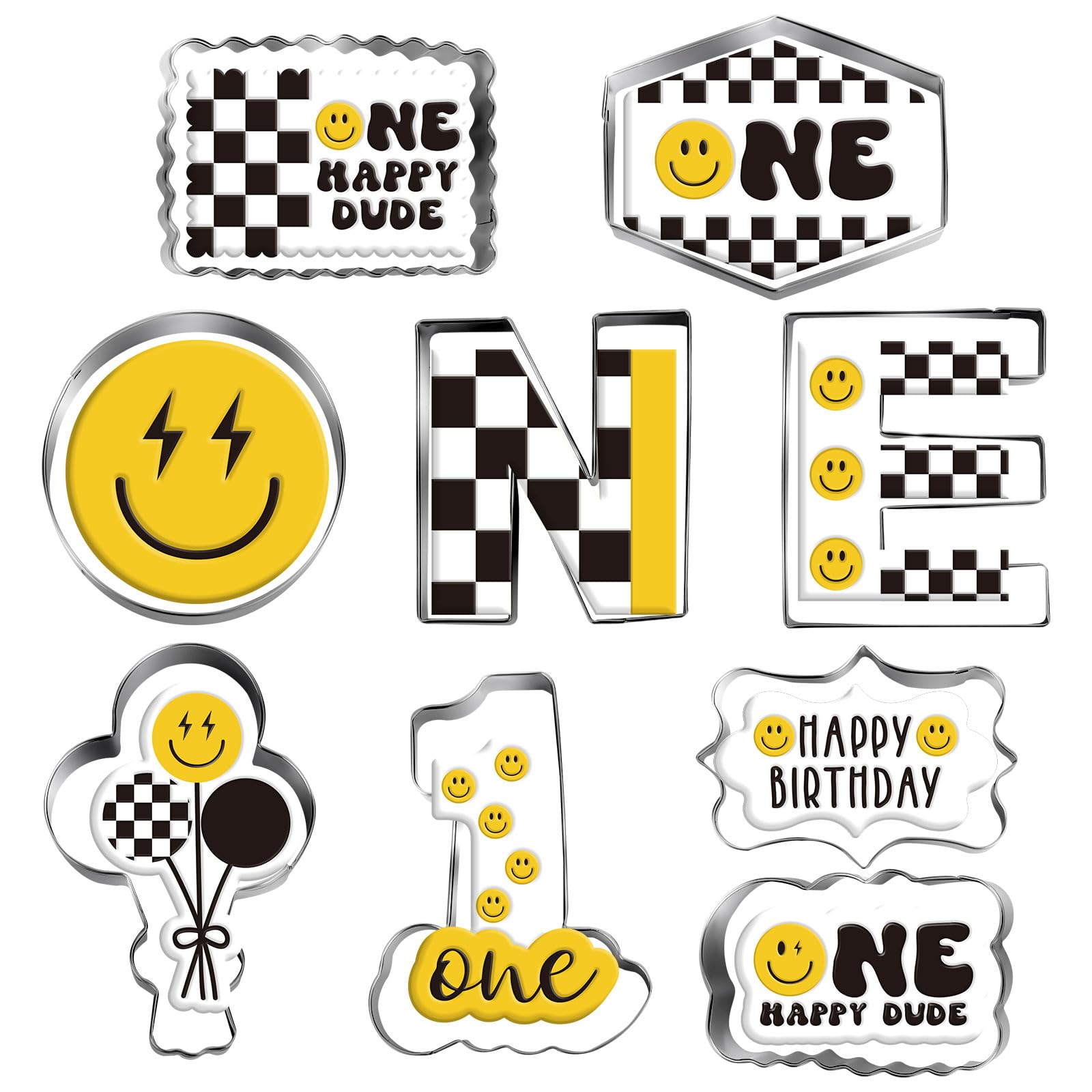 Whaline 9Pcs One Happy Dude Party Favor Cookie Cutter Birthday Biscuit Cutters Letters Plaques Numbers Shape Cookie Cutting Mold