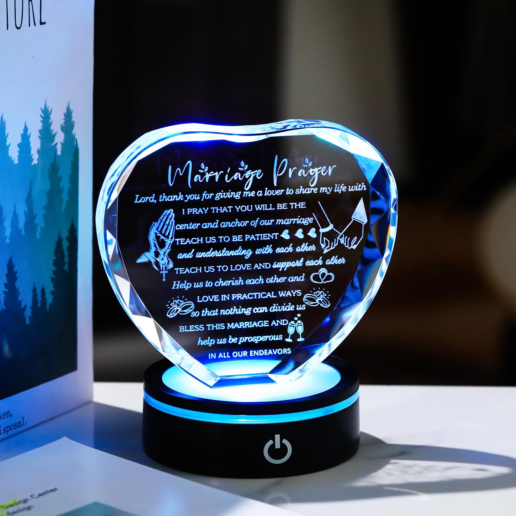 YWHL Wedding Gifts for Couples Crystal Heart Anniversary Marriage Prayer Plaque with Colorful LED Base Wedding Gift with Inspiri