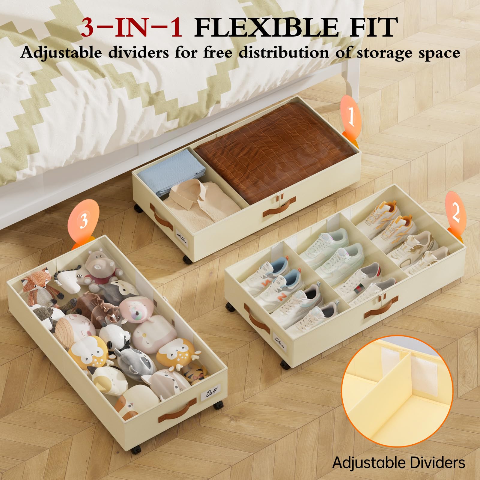 Yecaye Under Bed Storage with Wheels, 2Pack Under Bed Storage Containers, Under Bed Shoe Storage with Dividers & Clear Window, U