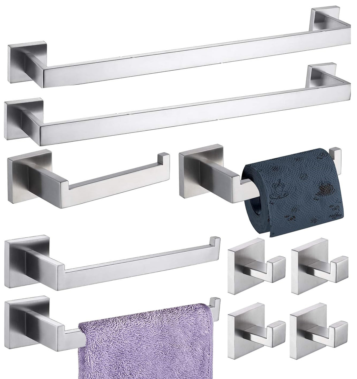 10-Pieces Bathroom Hardware Set Brush Nickel Bathroom Accessories Set Sus304 Towel Bar Set Includes 2 Towel Bar-24 Inch+2 Towel