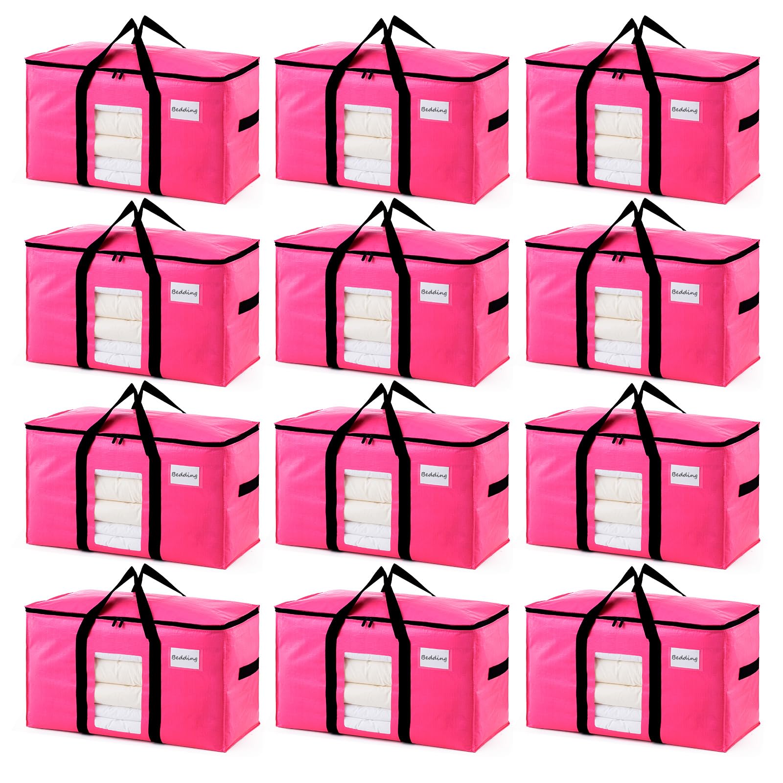 TAILI 12 Pack Pink Extra Large Moving Bags, Heavy Duty Totes with Visible Window, Wrap Around Handles, Space-Saving Storage Solu